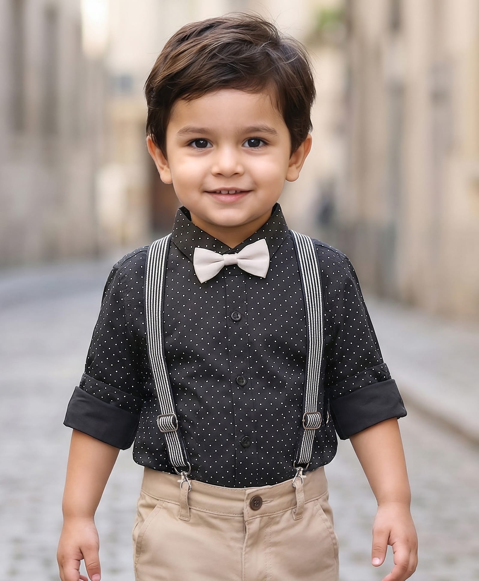 Babyhug Cotton Woven Full Sleeves Polka Dots Print Party Shirt with Suspender & Bow - Black-picture-10