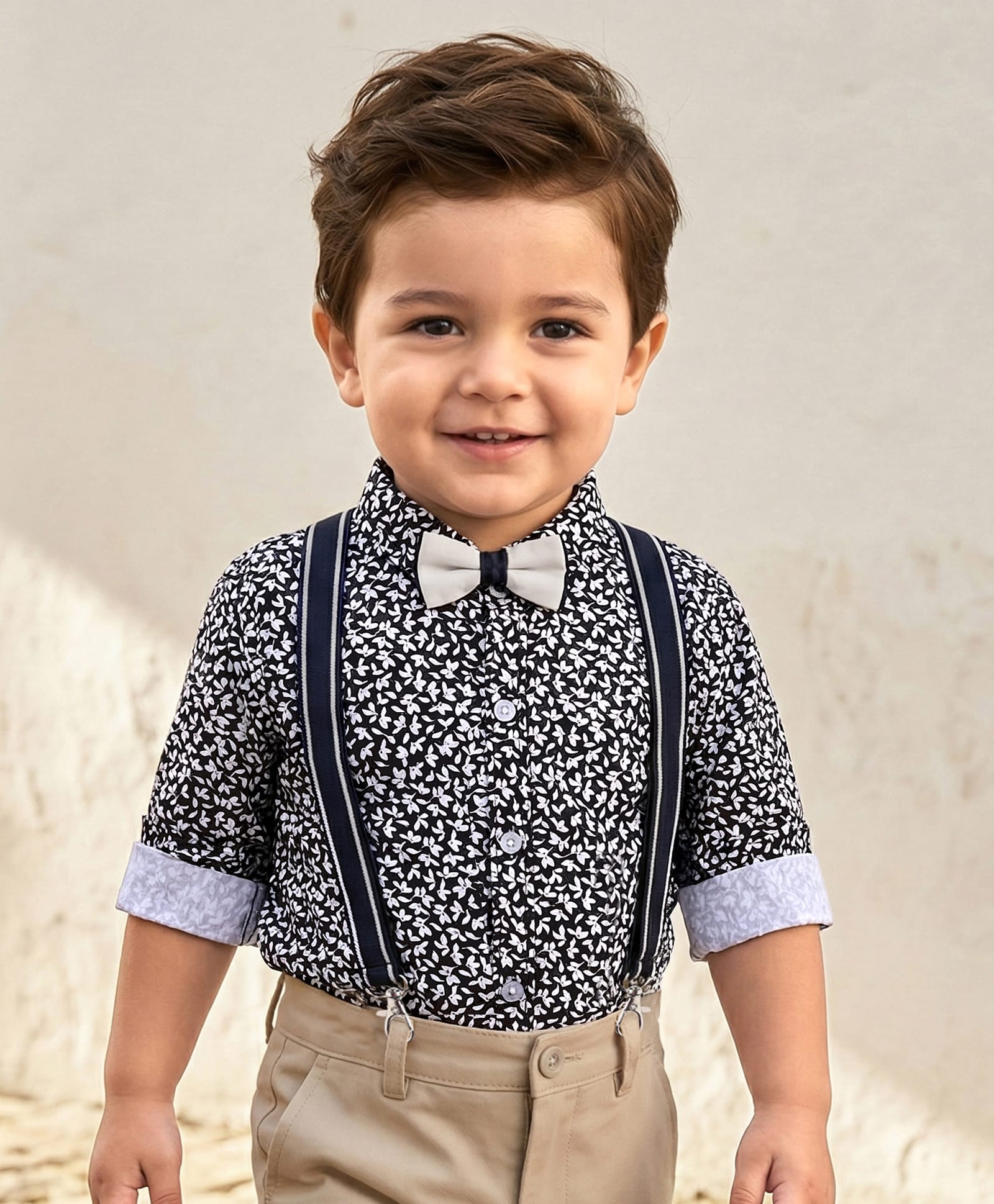 Babyhug Cotton Woven Full Sleeves Floral Printed Shirt with Bow & Suspender - White & Navy Blue-image-37