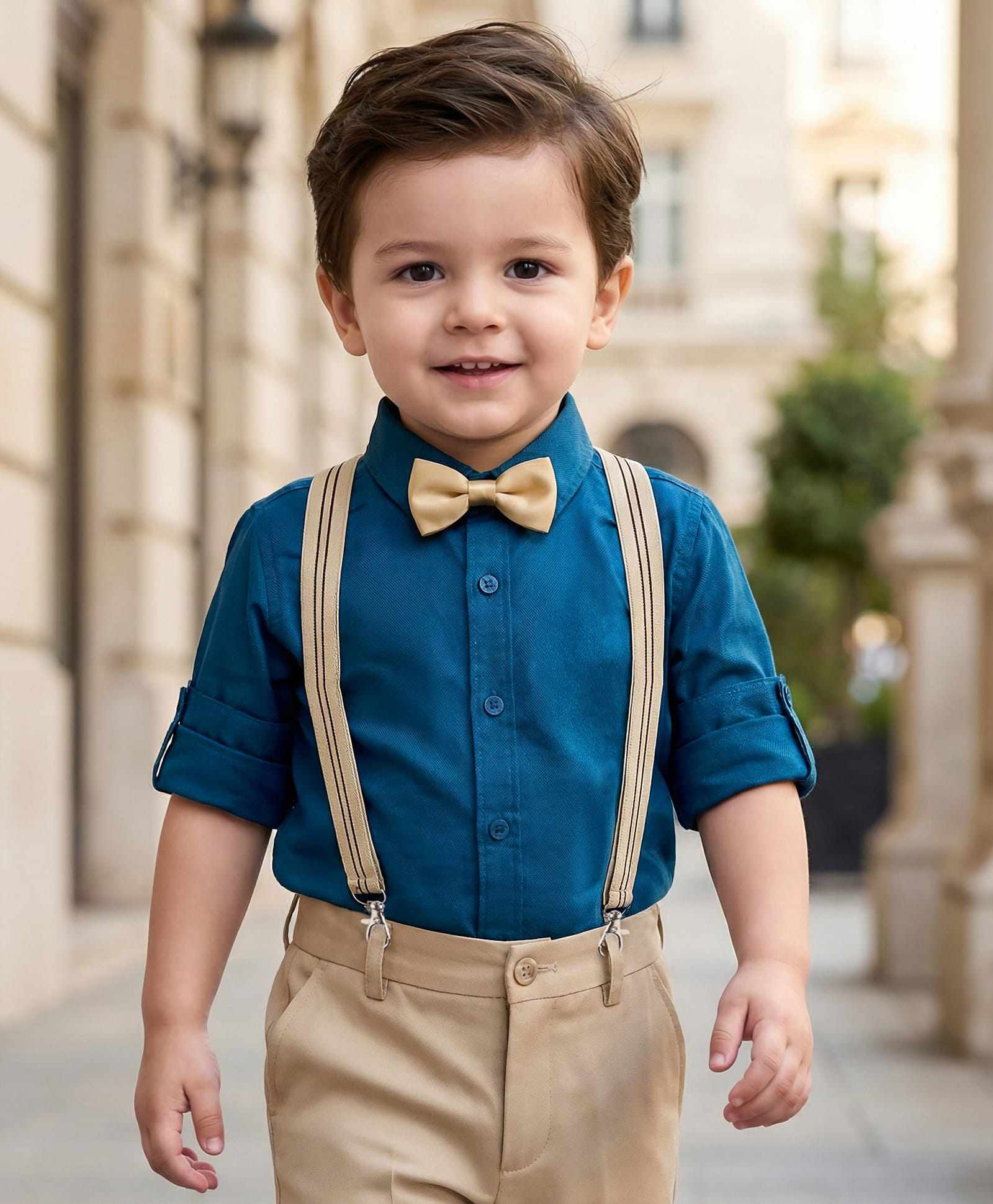 Babyhug Cotton Woven Full Sleeves Solid Color Shirt with Bow & Suspender - Blue-image-9