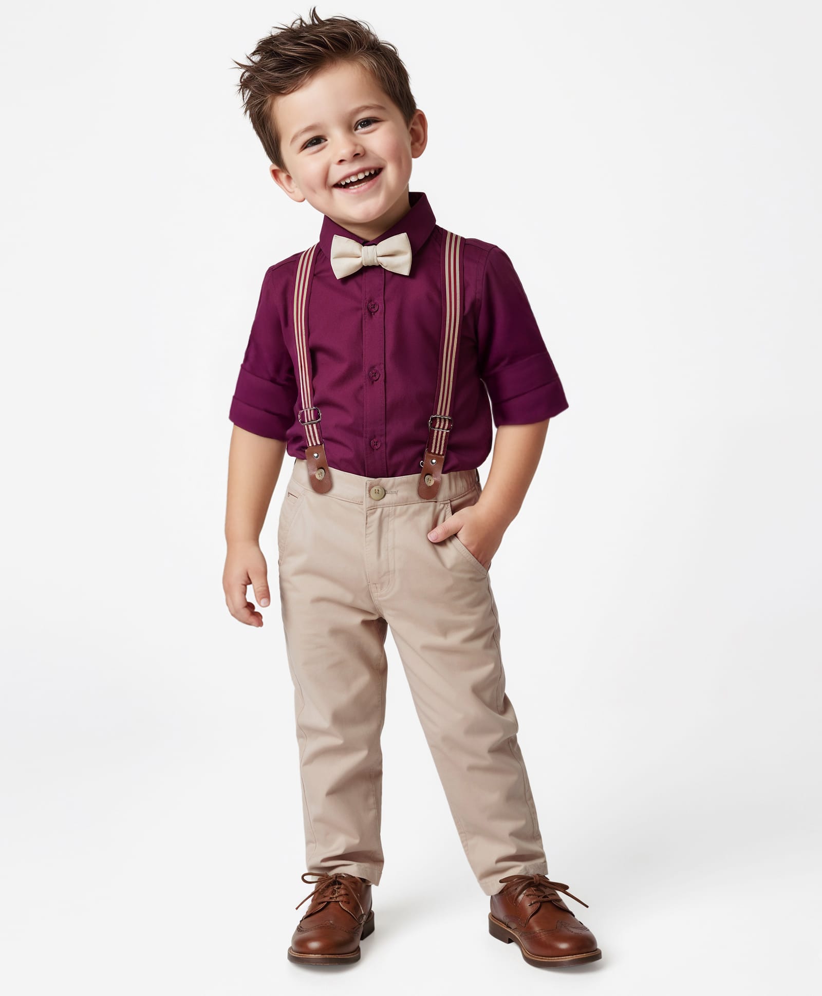 Babyhug Cotton Woven Full Sleeves Solid Party Shirt & Trouser Set With Bow & Suspender - Maroon-image-37