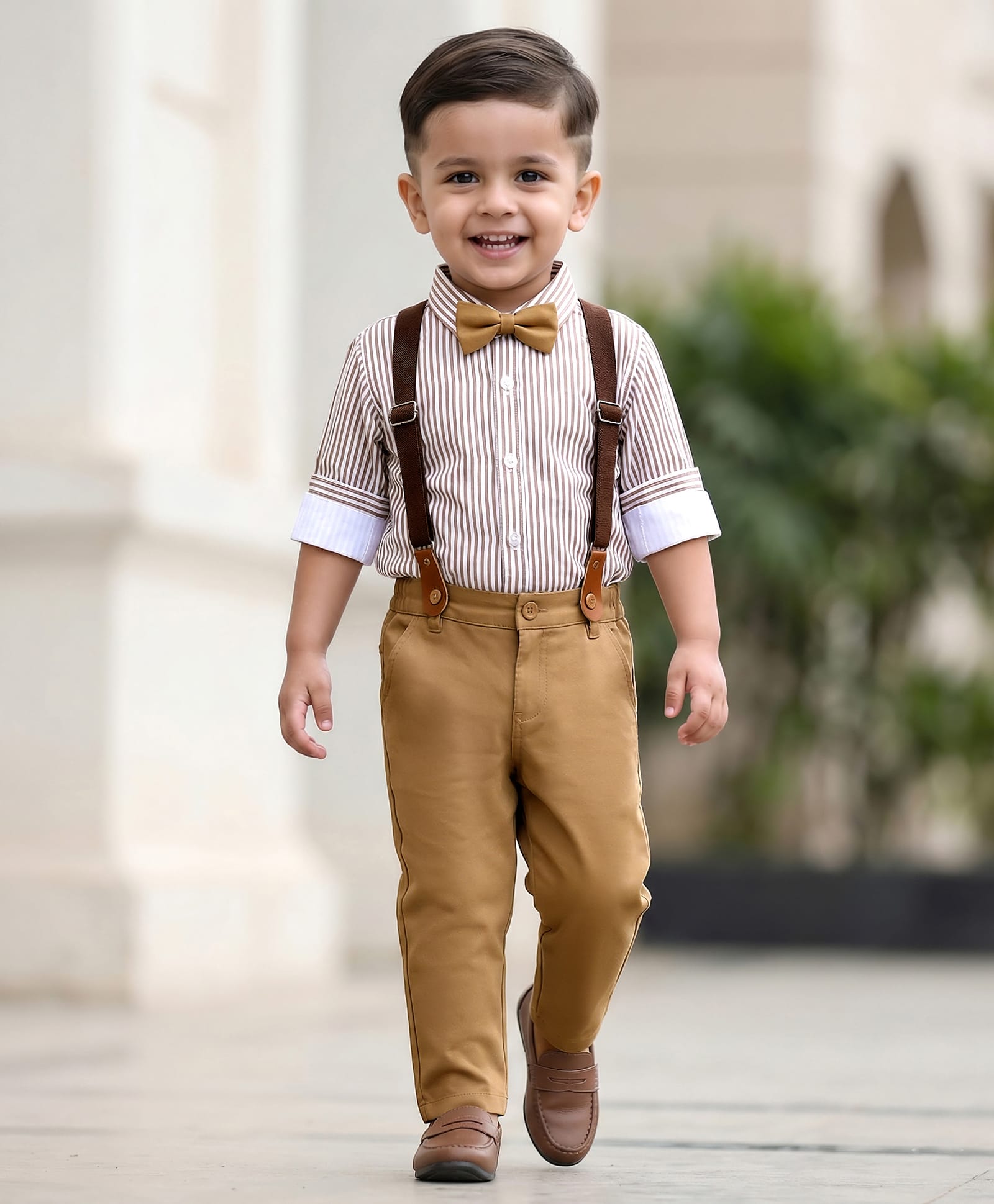 Babyhug Woven Full Sleeves Striped Party Shirt & Trouser Set With Bow & Suspender - Brown-image-44