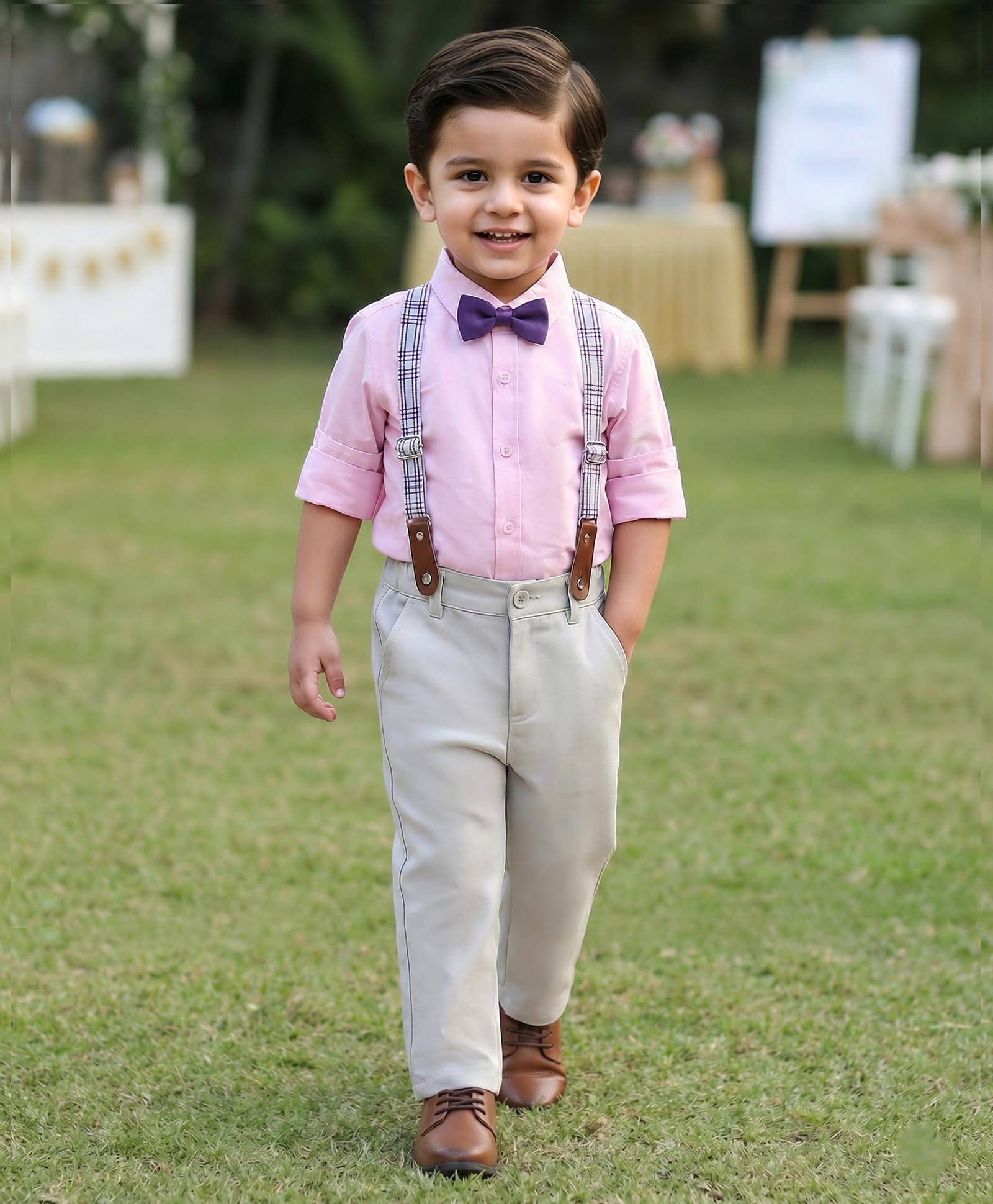 Babyhug Cotton Poplin Full Sleeves Solid Color Shirt & Stretchable Trouser with Bow & Suspender - Pink & Grey-picture-18