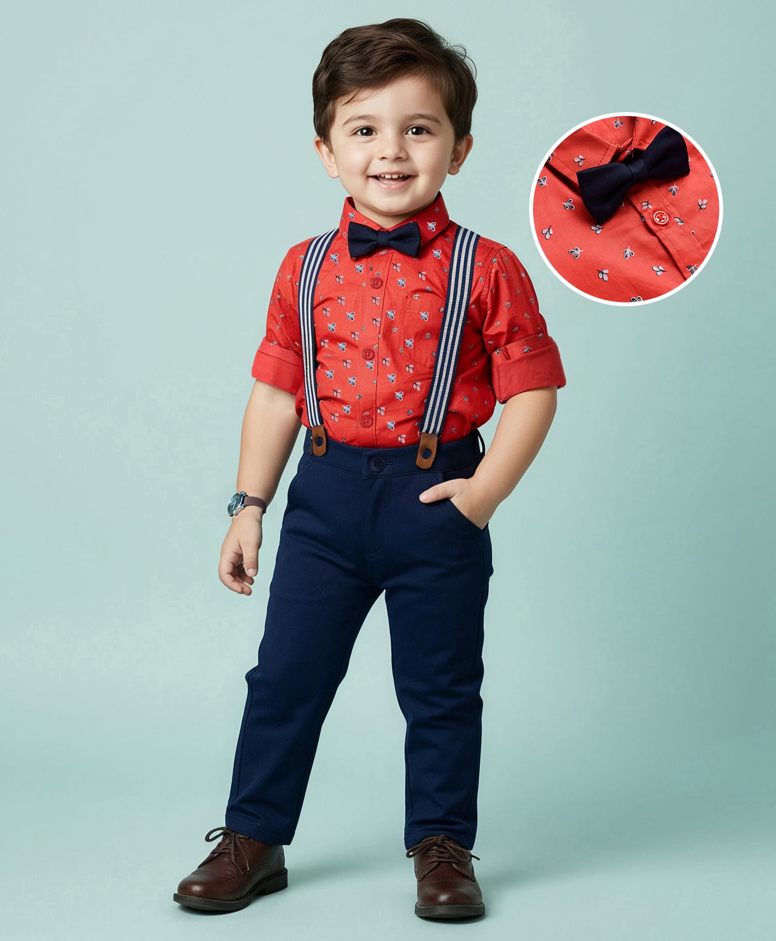 Babyhug Cotton Woven Full Sleeves Floral Printed Party Shirt & Trouser Set With Bow & Suspender - Brown & Navy-image-48