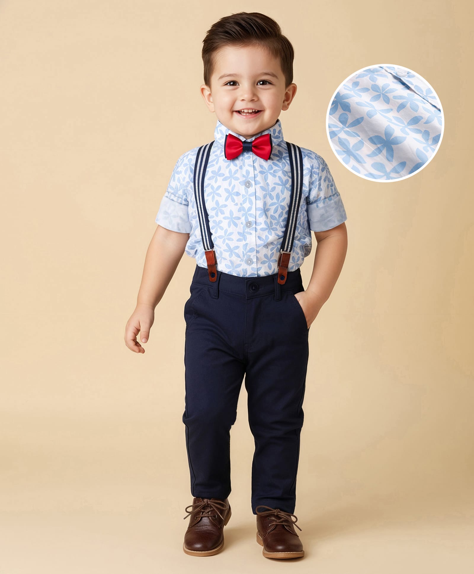 Babyhug Cotton Woven Full Sleeves Floral Printed Party Shirt & Trouser Set With Bow & Suspender - Navy Blue & White-image-47