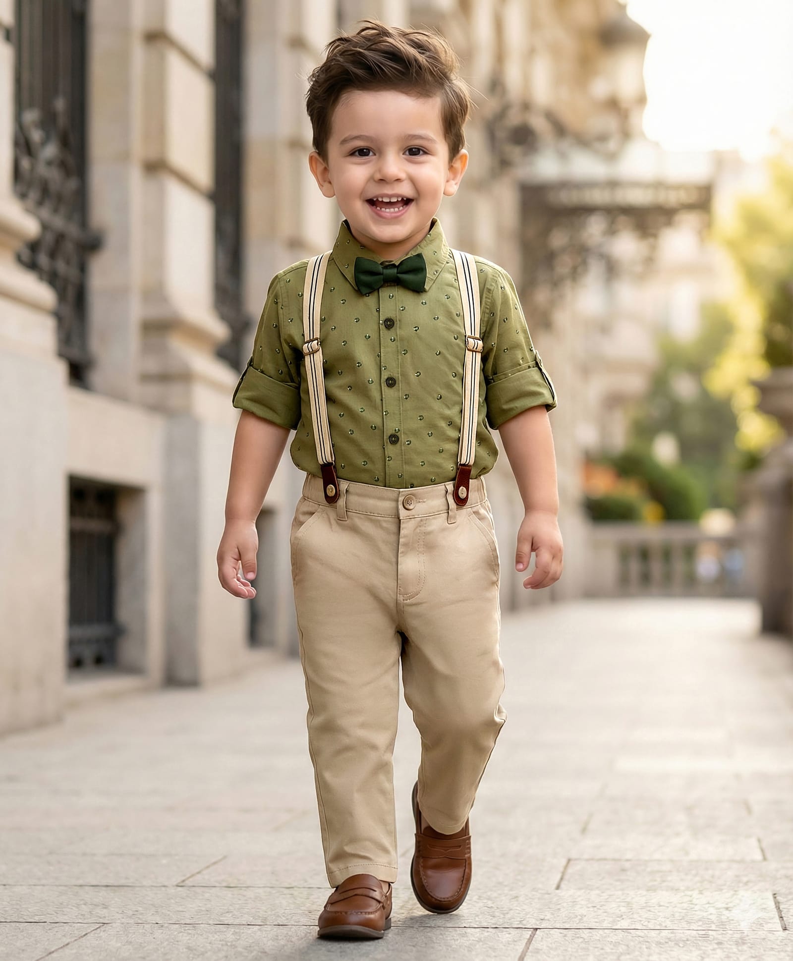 Babyhug Cotton Poplin Woven Full Sleeves Printed Shirt & Stretchable Trouser Set with Suspenders & Bow - Olive Green & Khaki-picture-38