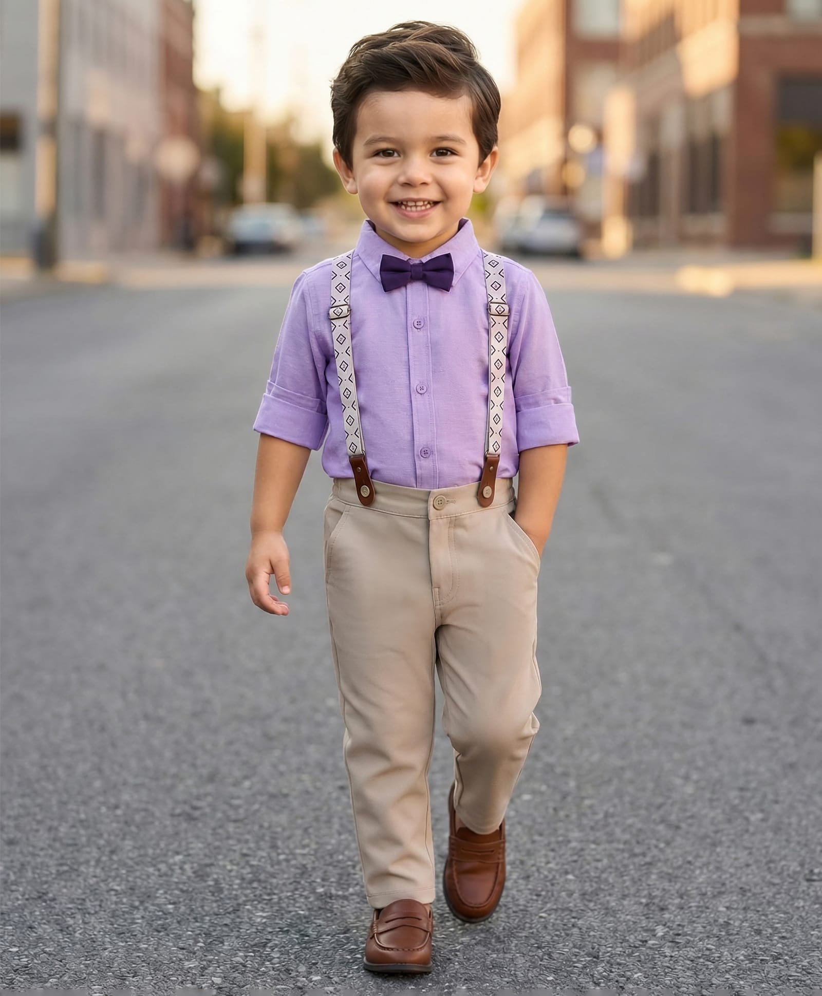 Babyhug Cotton Woven Full Sleeves Poplin Solid Party Shirt & Stretchable Trouser With Bow & Suspender - Purple & Cream-picture-22