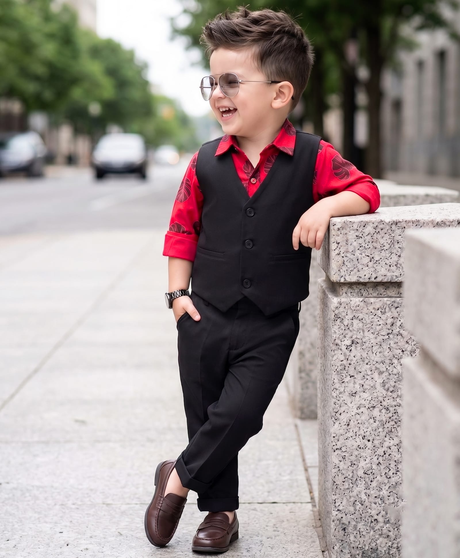 Babyhug Cotton Woven Full Sleeves 3 Piece Party Suit With Leaf Print - Black & Red-picture-25