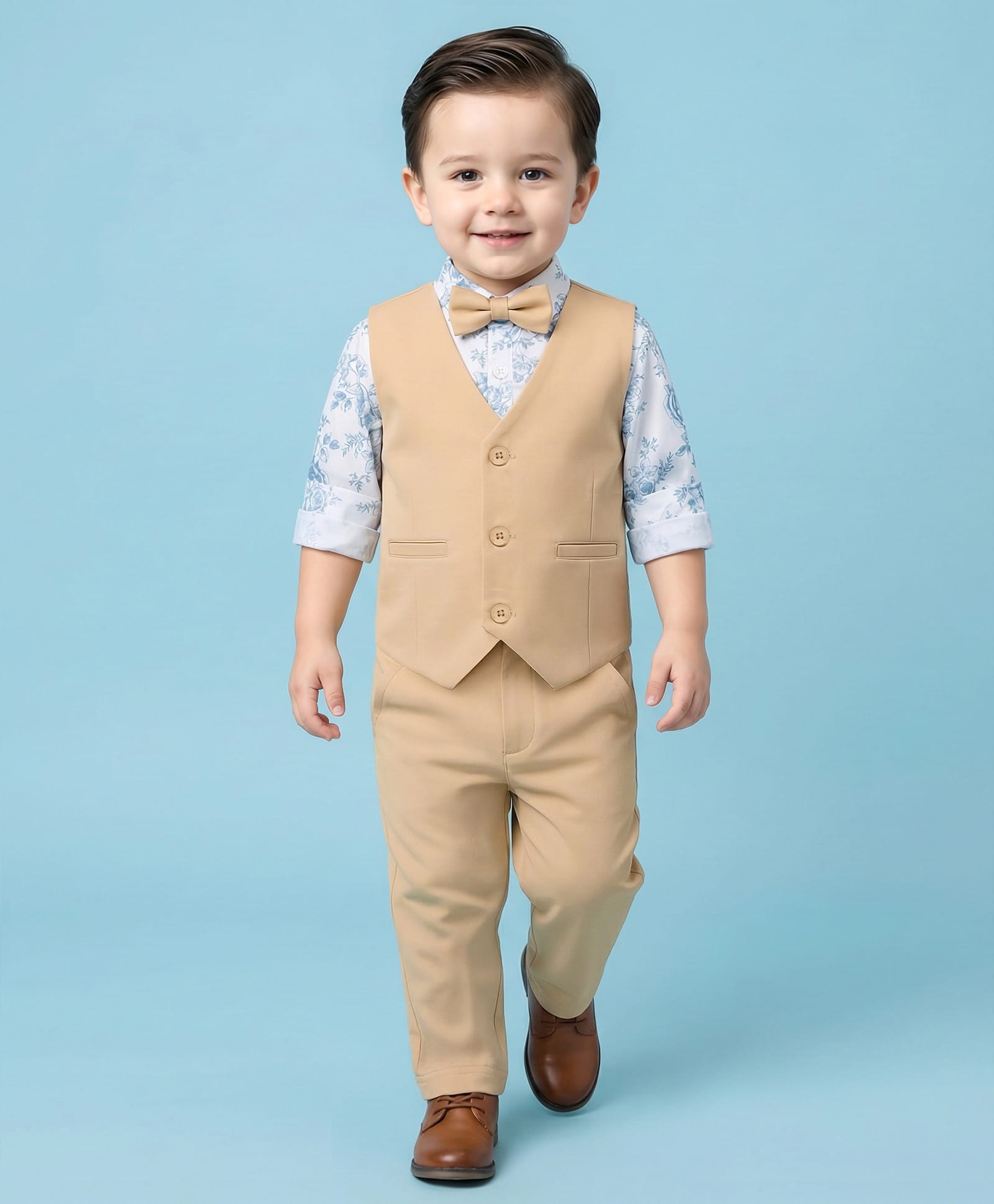 Babyhug Cotton Woven Full Sleeves 3 Piece Party Suit With Floral Print & Bow - Beige-picture-28