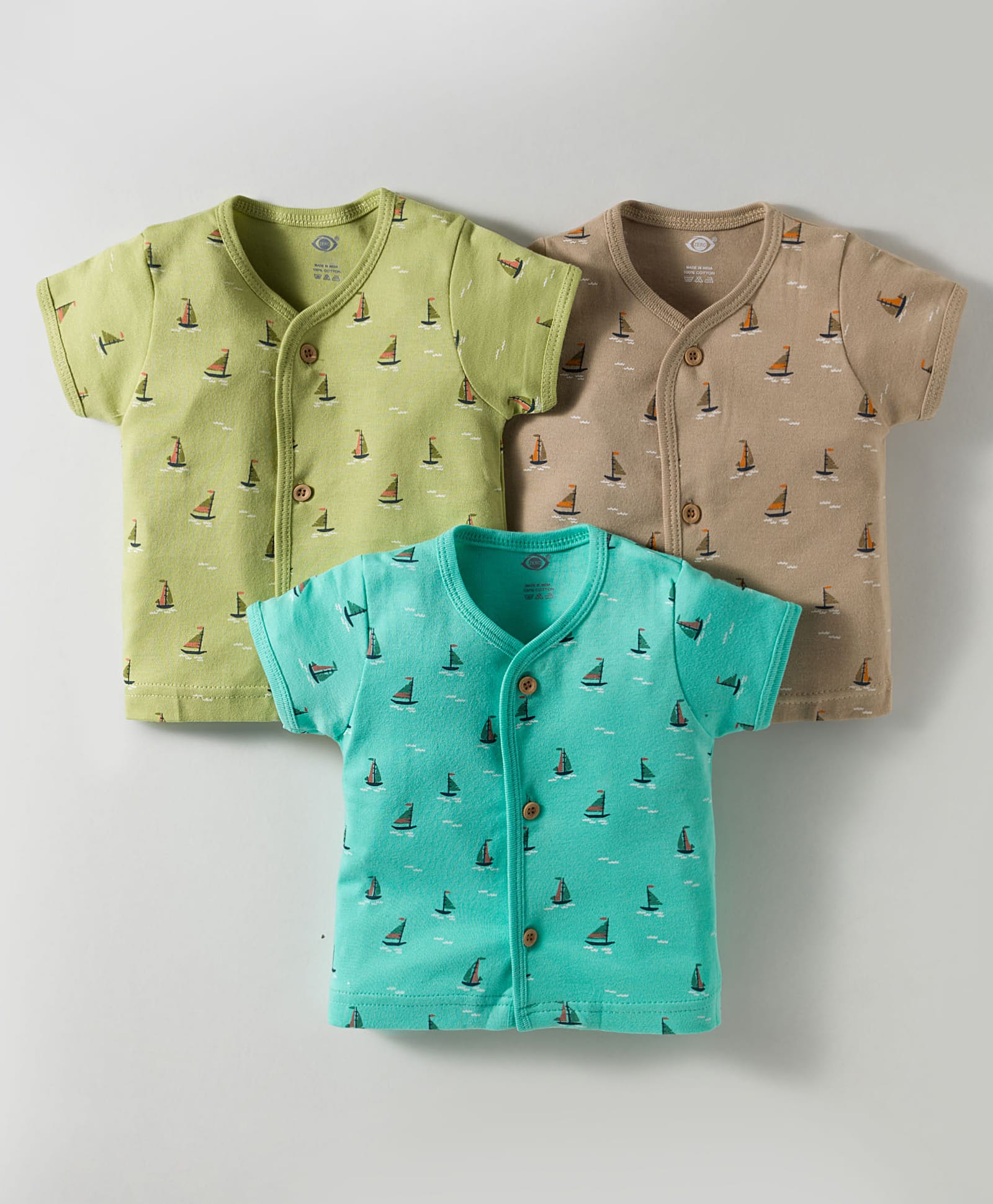 Zero Interlock Knit Half Sleeves Jhablas With Boat Print Pack Of 3 - Light Brown Sea Green & Lime-image-38