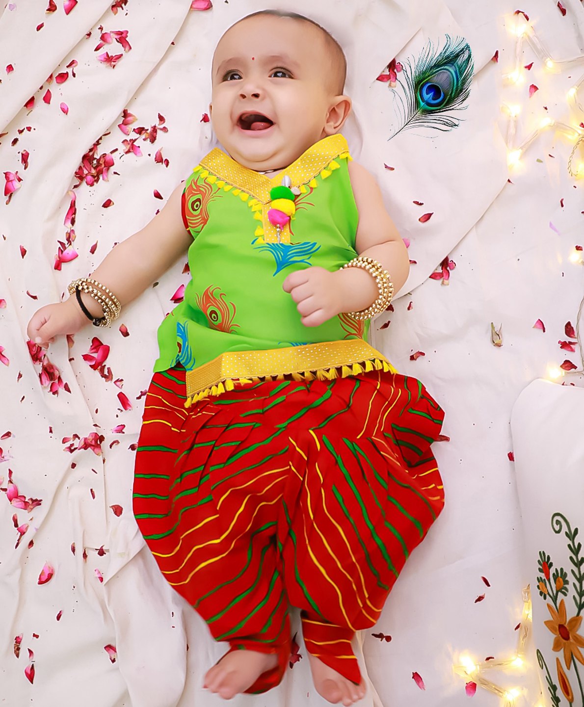 KID1 Cotton Woven Janmasthami Theme Sleeveless Mor Pankh & Leheriya Printed Dhoti Kurti With Morpankh Set - Green-picture-23