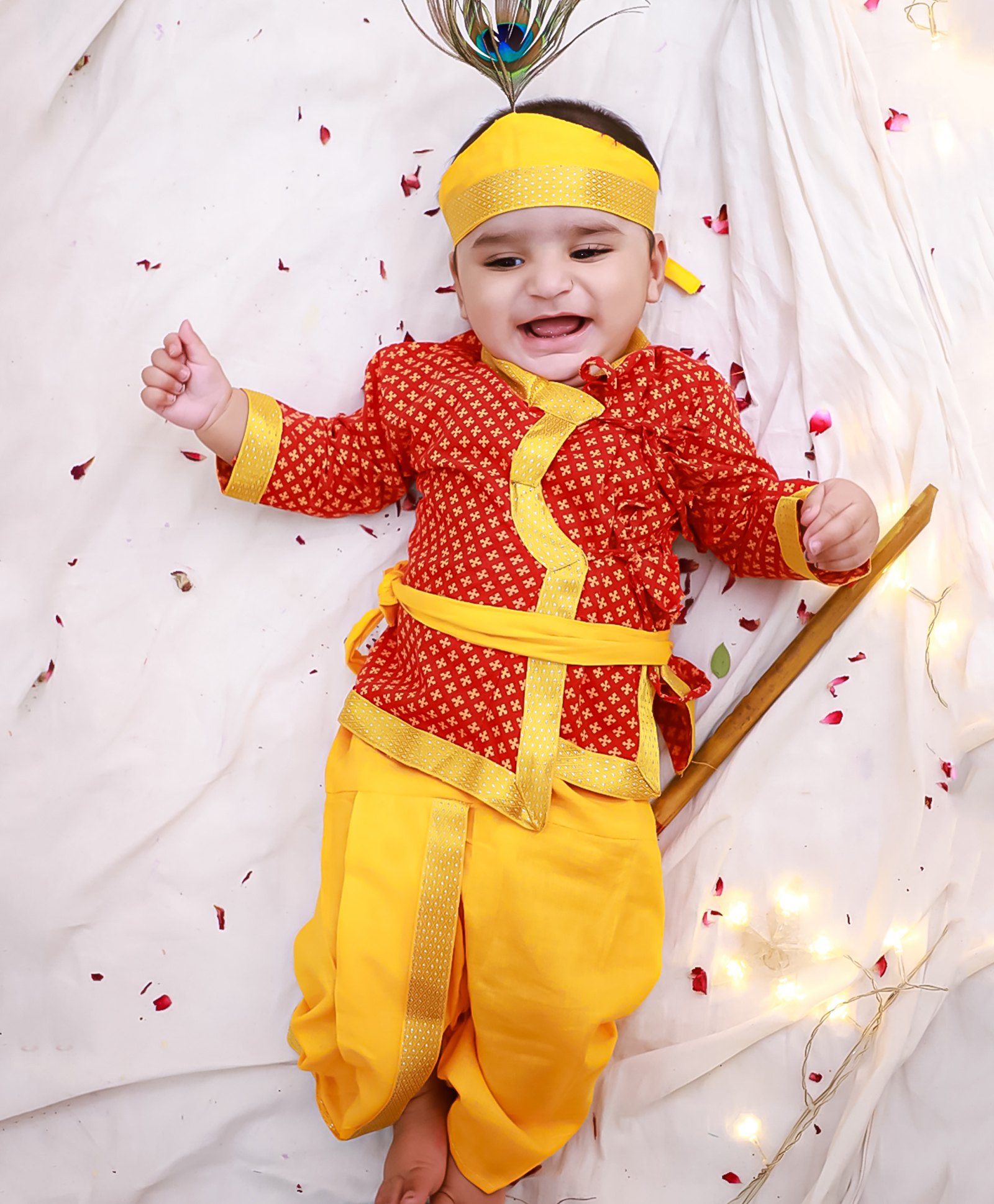KID1 Cotton Woven Janmasthami Theme Full Sleeves Krishna Costume Set With Mor Pankh & Headband - Red