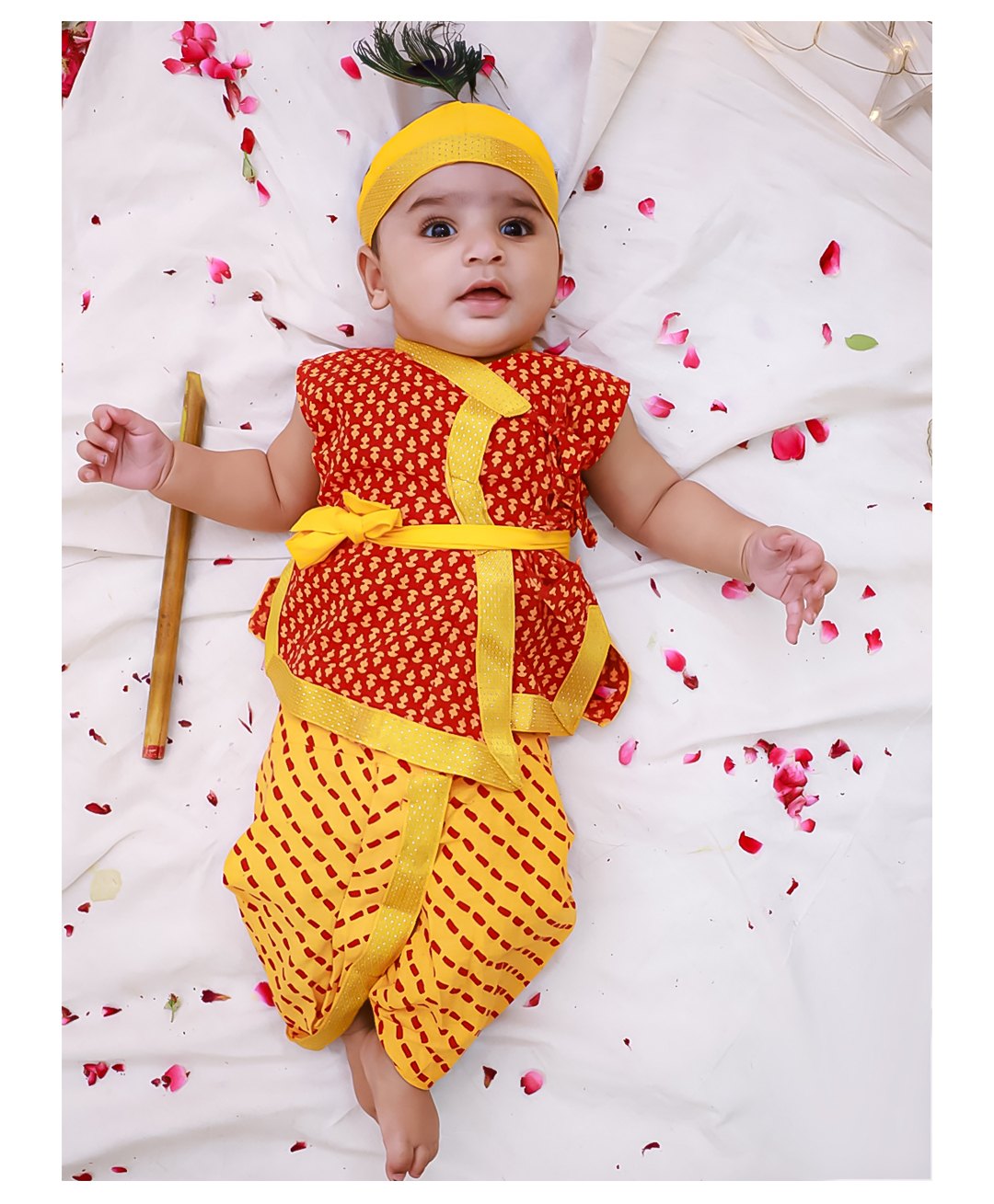 KID1 Cotton Woven Janmasthami Theme Sleeveless Krishna Costume Set With Mor Pankh & Headband - Red & Yellow-image-12