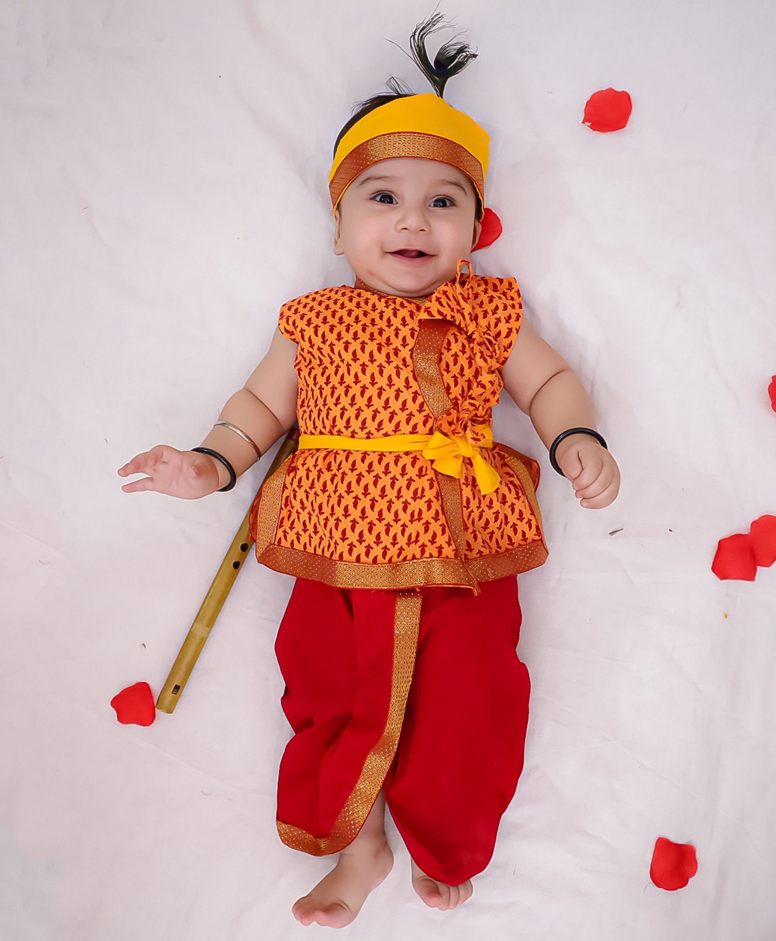 KID1 Cotton Woven Janmasthami Theme Sleeveless Krishna Costume Set With Mor Pankh & Headband - Yellow & Red