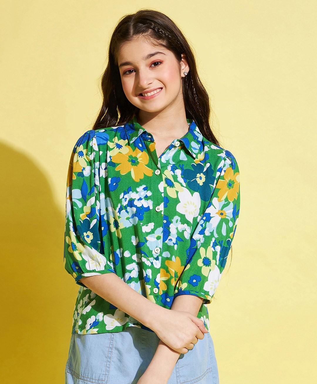 StyloBug Rayon Woven Three Fourth Sleeves Floral Printed Shirt Style Top - Green-picture-19