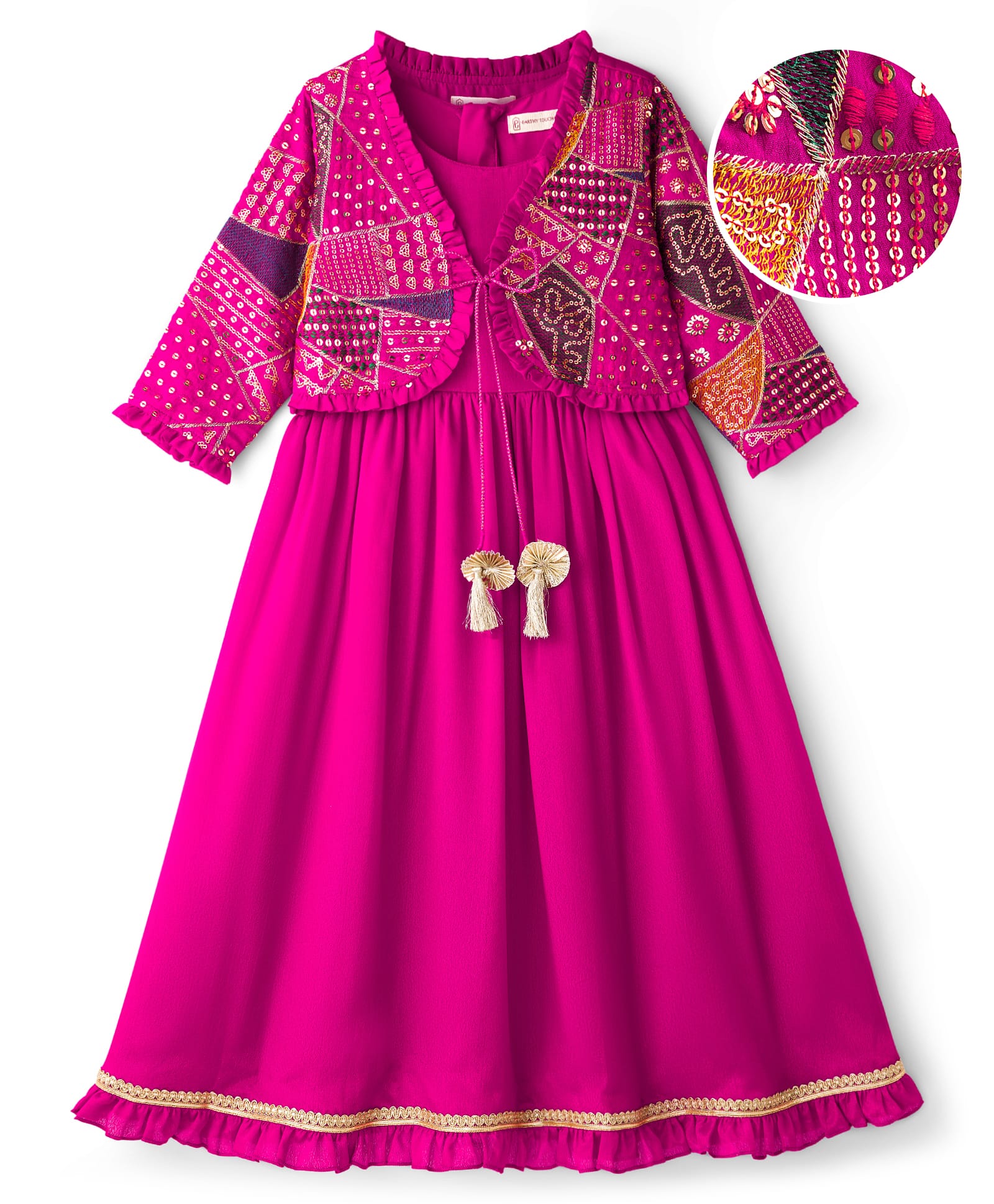 EARTHY TOUCH Woven Ethnic Dress with Three Fourth Sleeves Jacket with Sequin Detailing - Pink-image-40