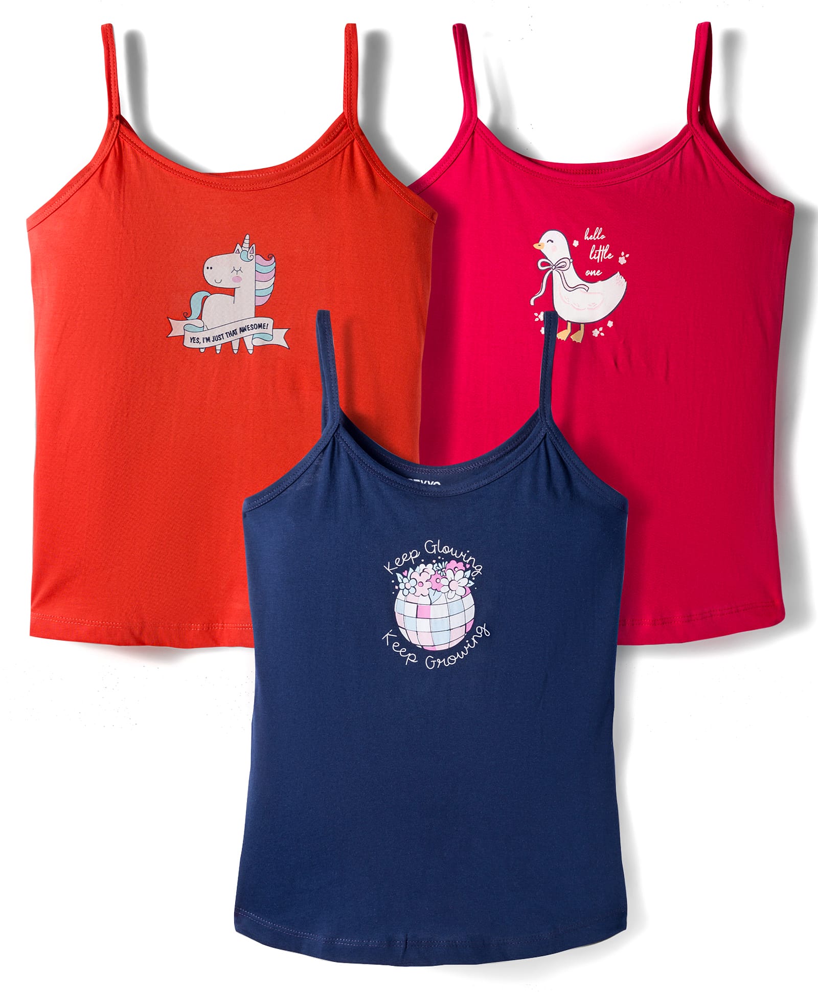 Revvo Junior Cotton Knit Sleeveless Slips with Unicorn & Floral Print Pack of 3 - Red & Navy Blue-image-47