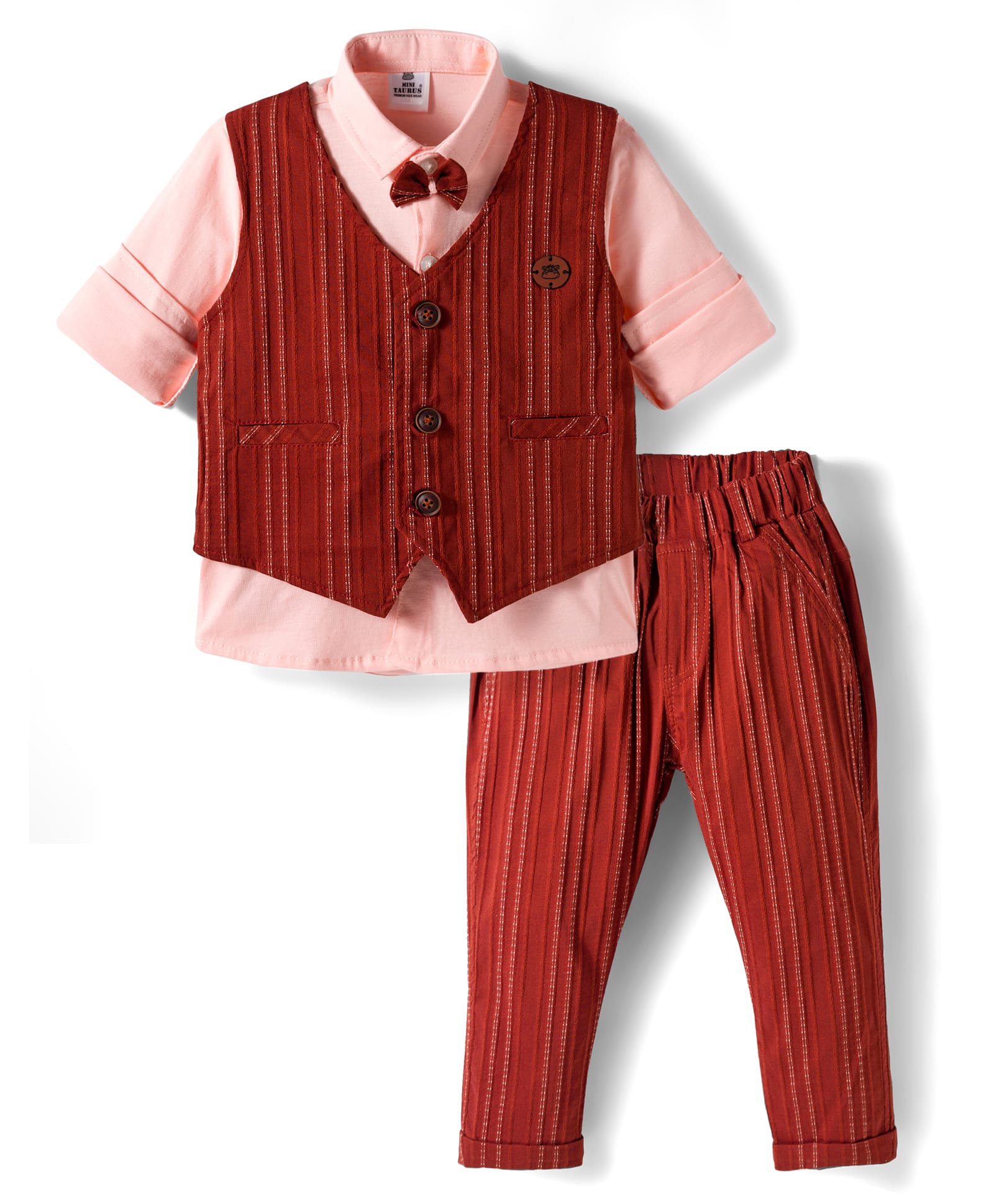 Mini Taurus Sinker Knit Full Sleeves Striped 3 Piece Party Suit With Bow Applique - Maroon & Pink-picture-8