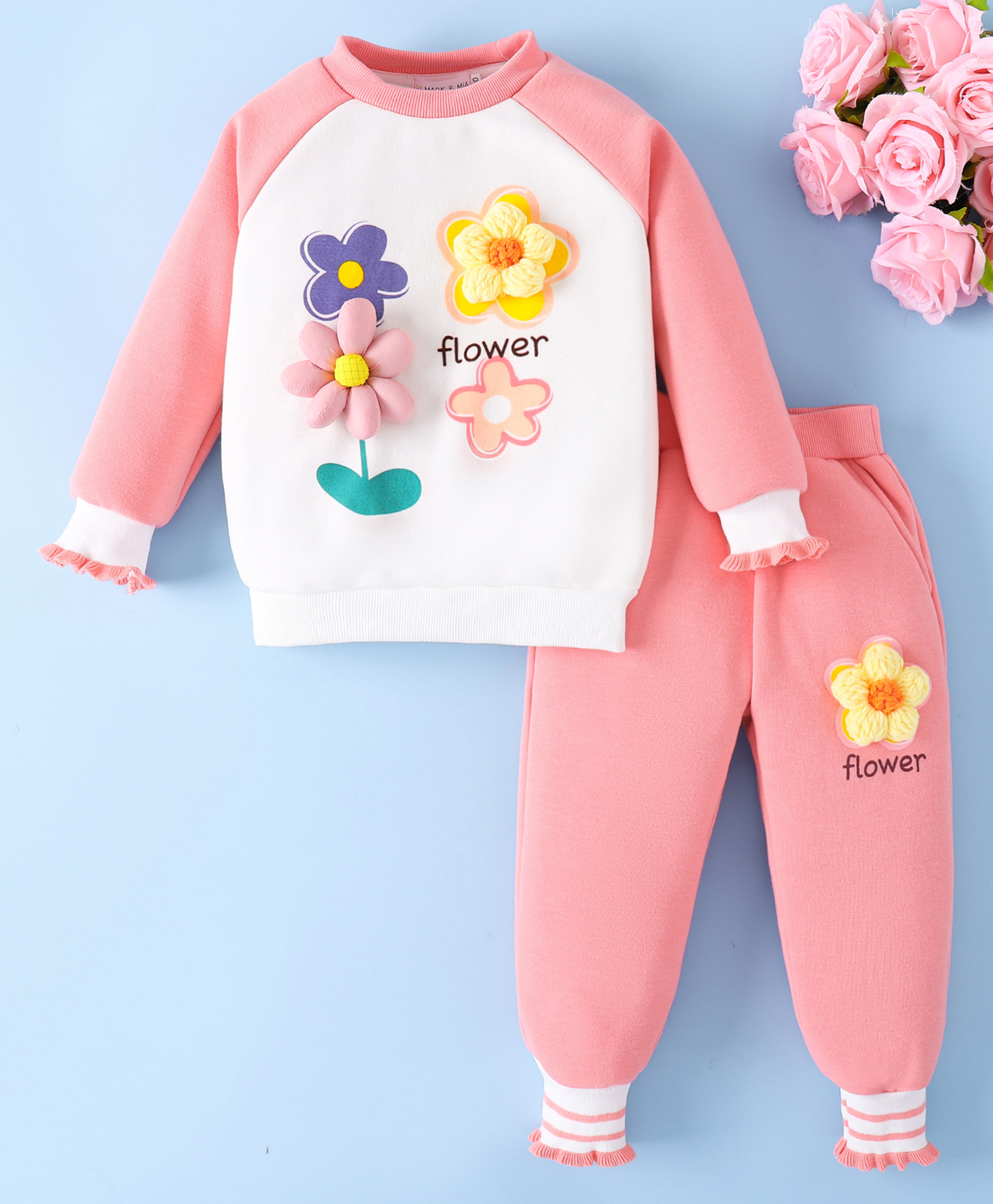 Mark & Mia Full Raglan Sleeves Cotton Winter Wear T-shirt & Lounge Pant Set With Floral Applique - Pink & White