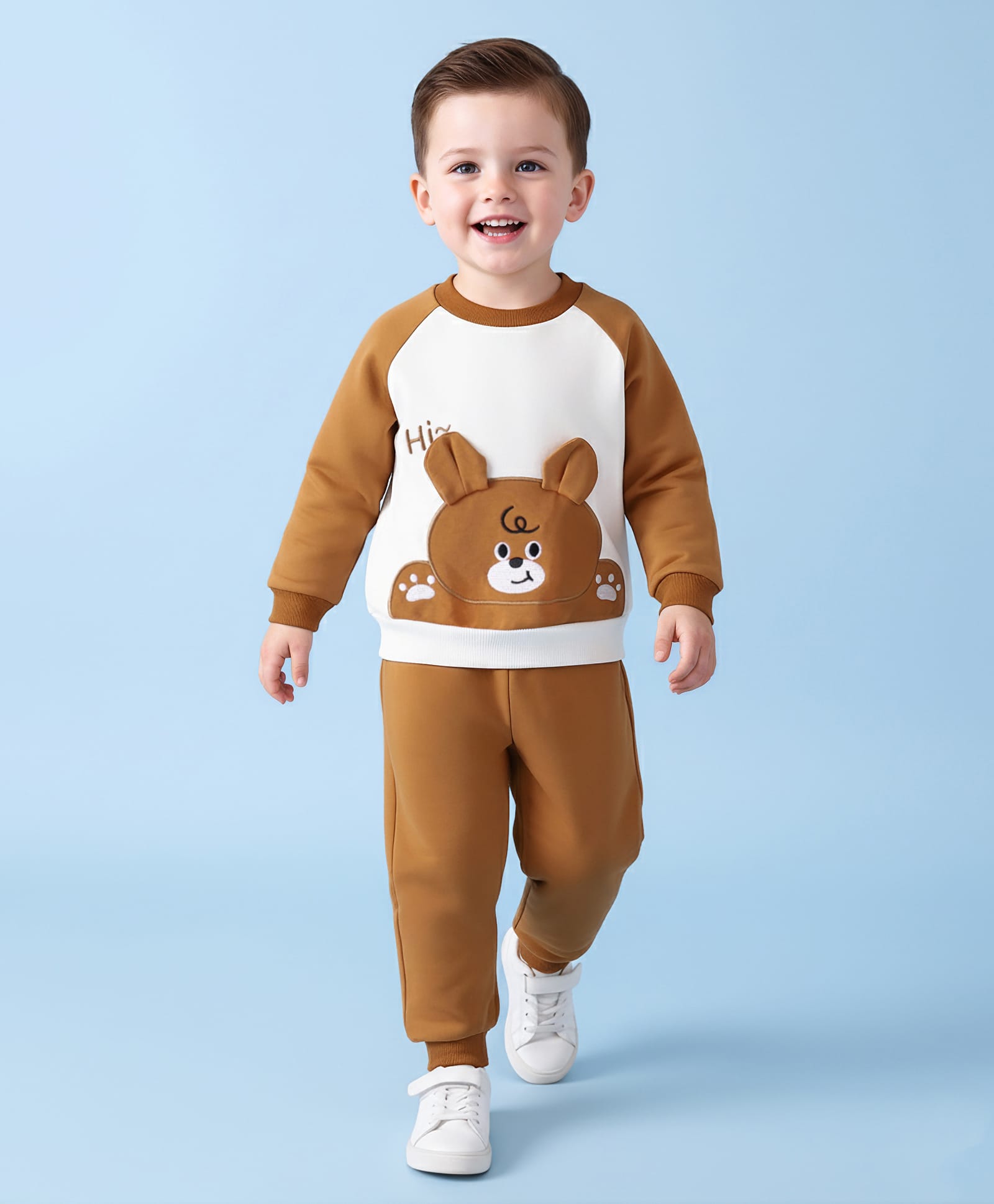 Mark & Mia Full Raglan Sleeves Winter Wear T-Shirt & Lounge Pant Set With Animal Applique - Brown-image-41