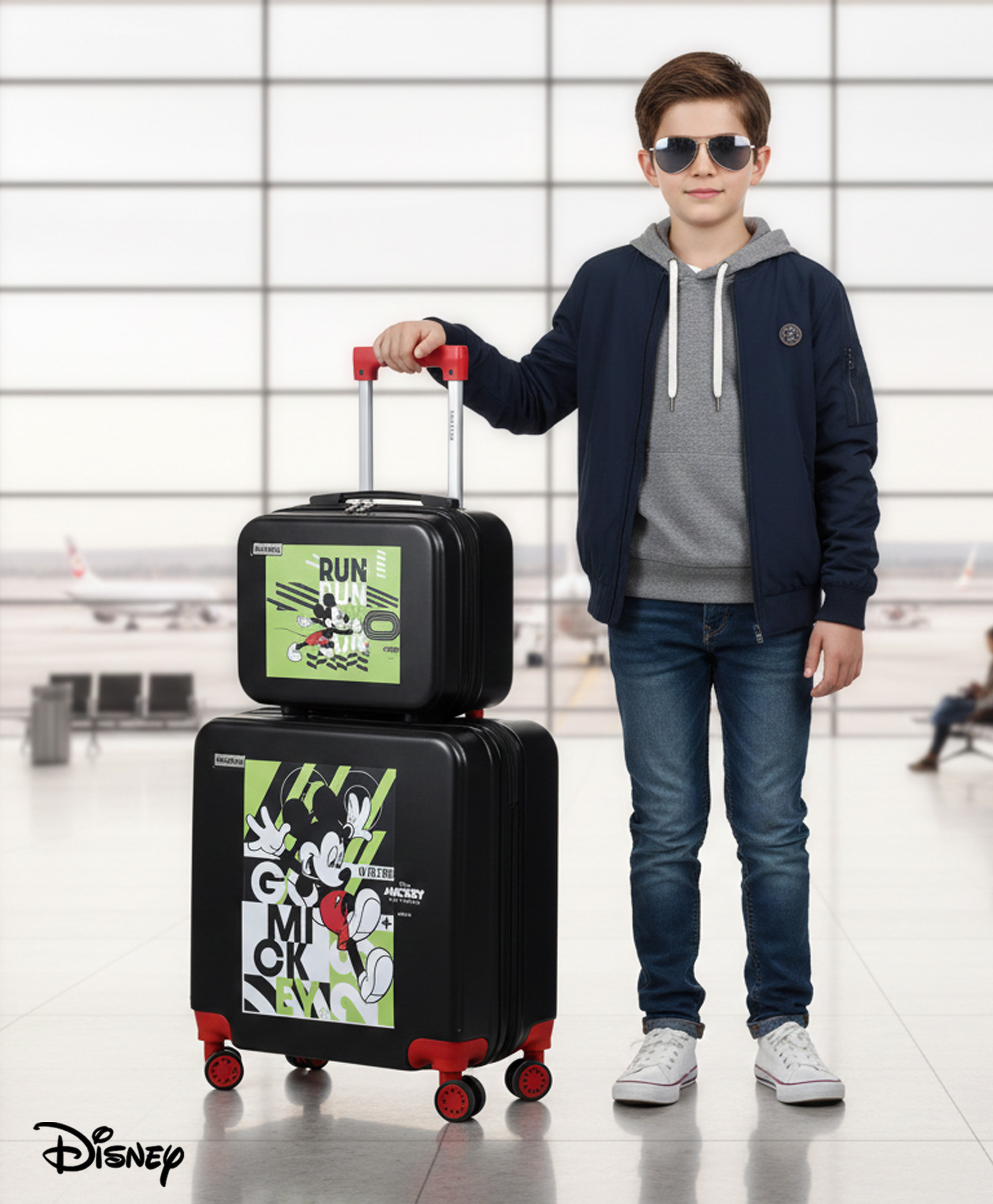 Babyhug Disney Mickey Kids Travel Luggage with Carry-On Luggage & Wheels Pack of 2 - 15 Inches| Shock Resistant| Telescopic Handle| Water Resistant| Easy Zipper Closure| Durable Wheels| Number Lock