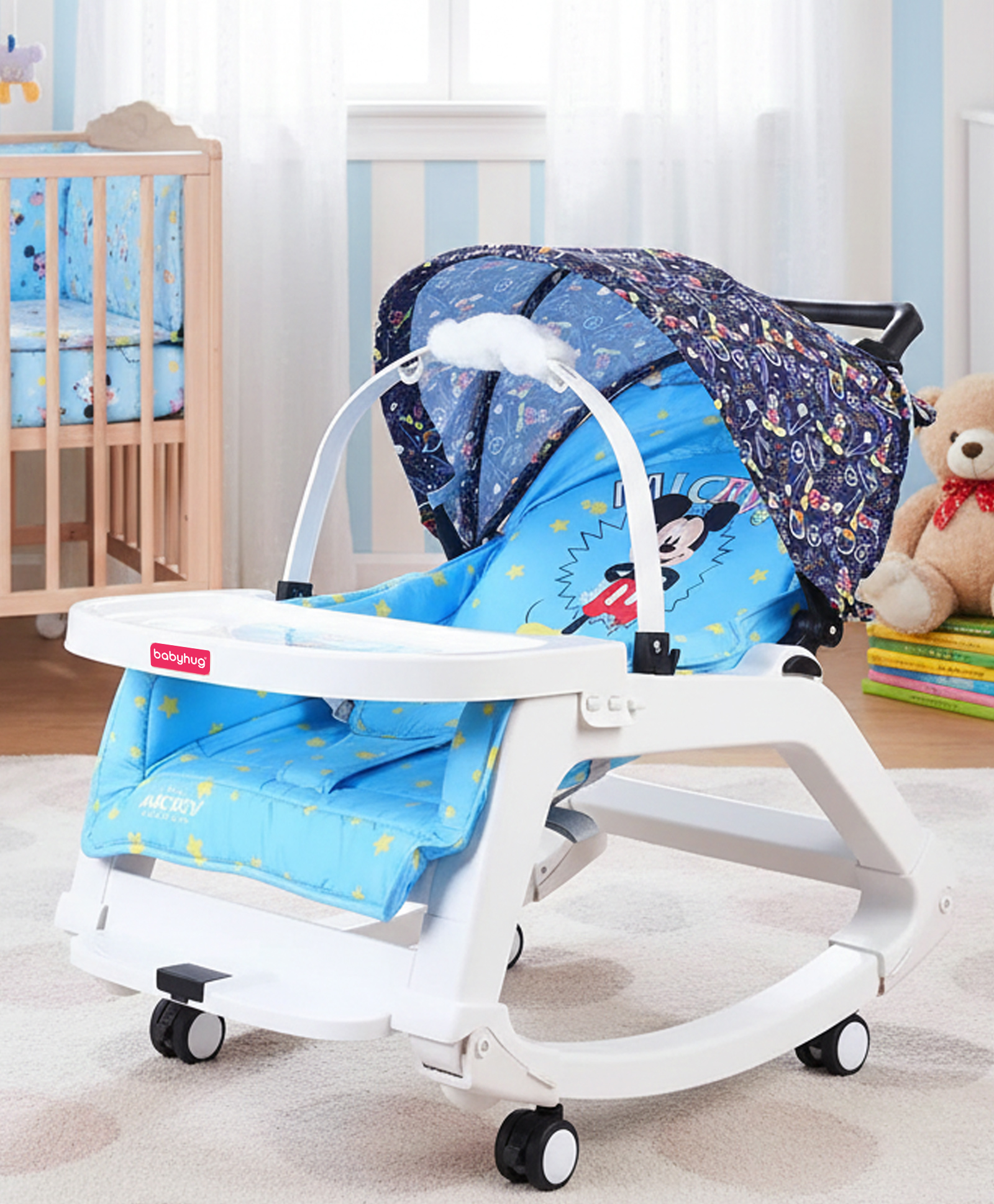 Babyhug Disney Mickey Mouse Rocking Chair- Blue| Multi-Functional Rocker, Dining Chair, Walker, Cart & Seat| Reclining Seat| Infants & Toddlers of 0 to 3 Yrs| Wheels with Lock| Safety Harness