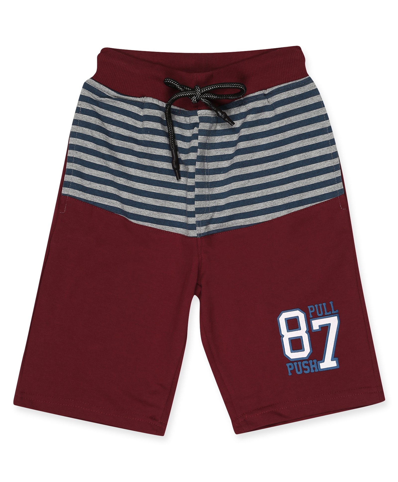ALAN JONES Cotton Blend Knit Striped & Pull Push Text Printed Shorts - Maroon-picture-13