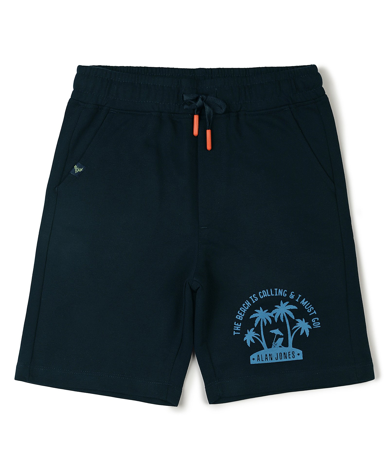 ALAN JONES Cotton Blend Knit The Beach Is Calling And I Must Go Text Printed Shorts - Navy Blue-picture-18
