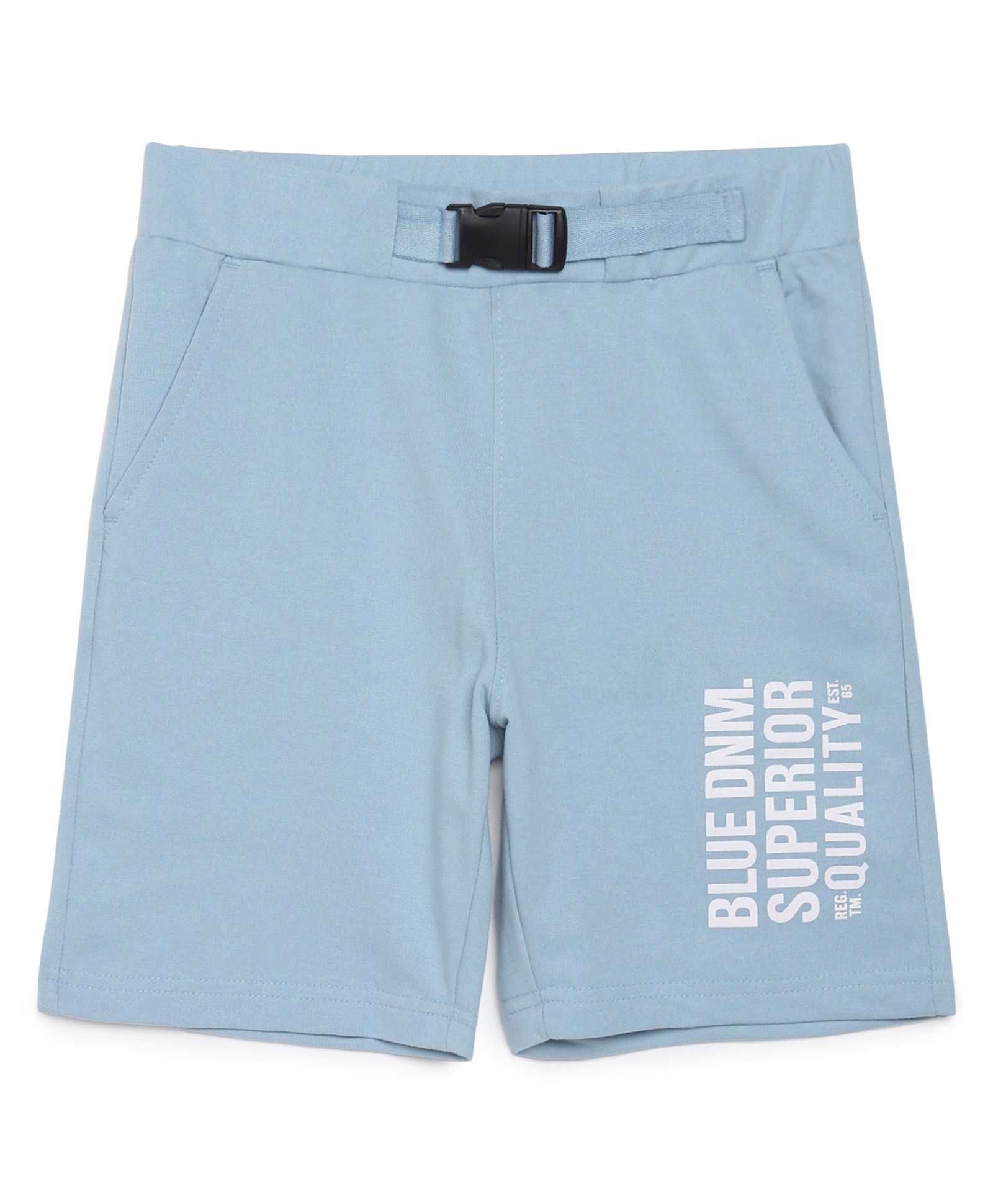 ALAN JONES Cotton Blend Knit Blue DNM Text Printed Buckle Closure Shorts - Light Blue-picture-11
