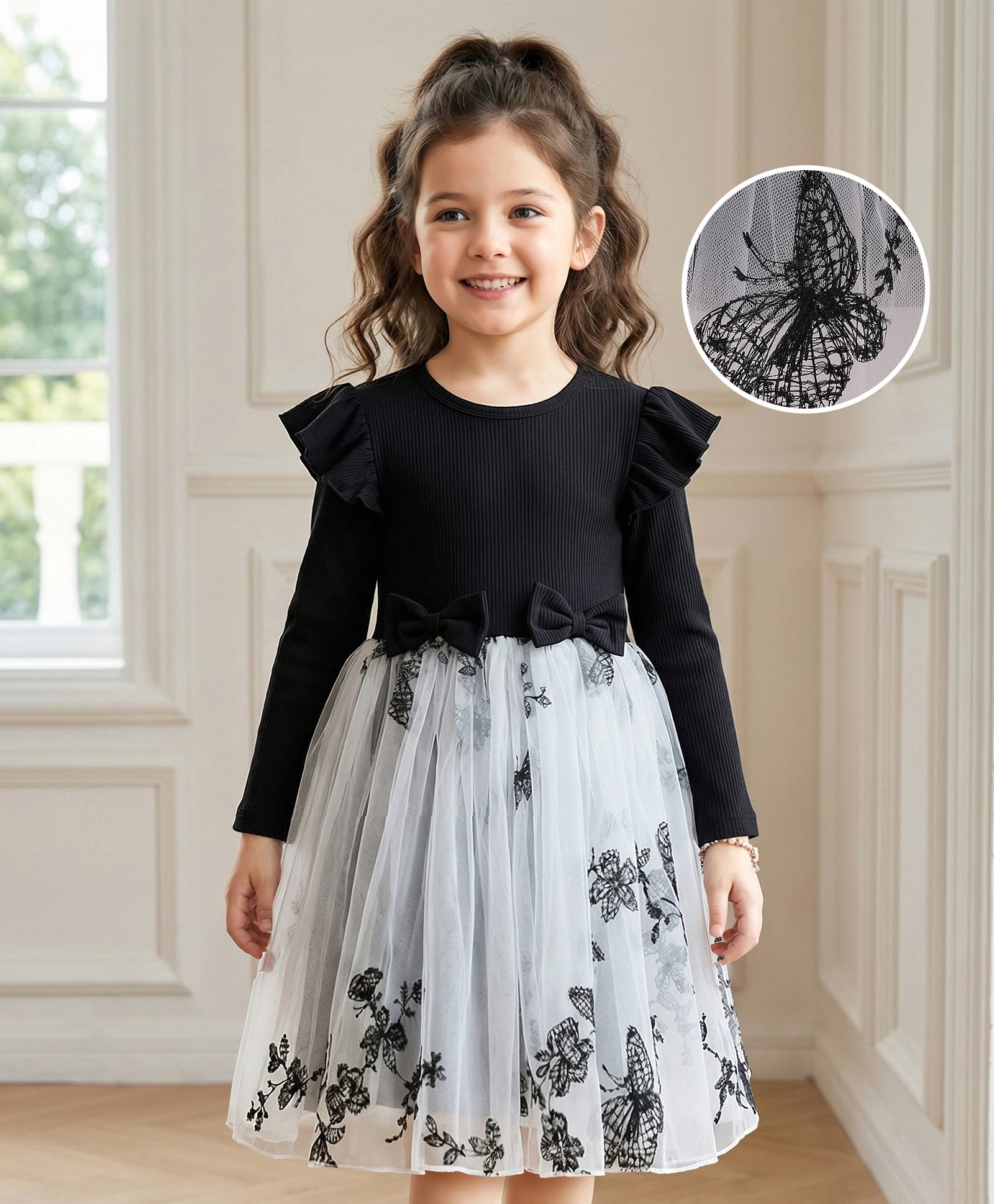 Mark & Mia Full Sleeves Party Dress with Butterfly Print Frill Detailing & Bow Applique - Black & Grey-image-39