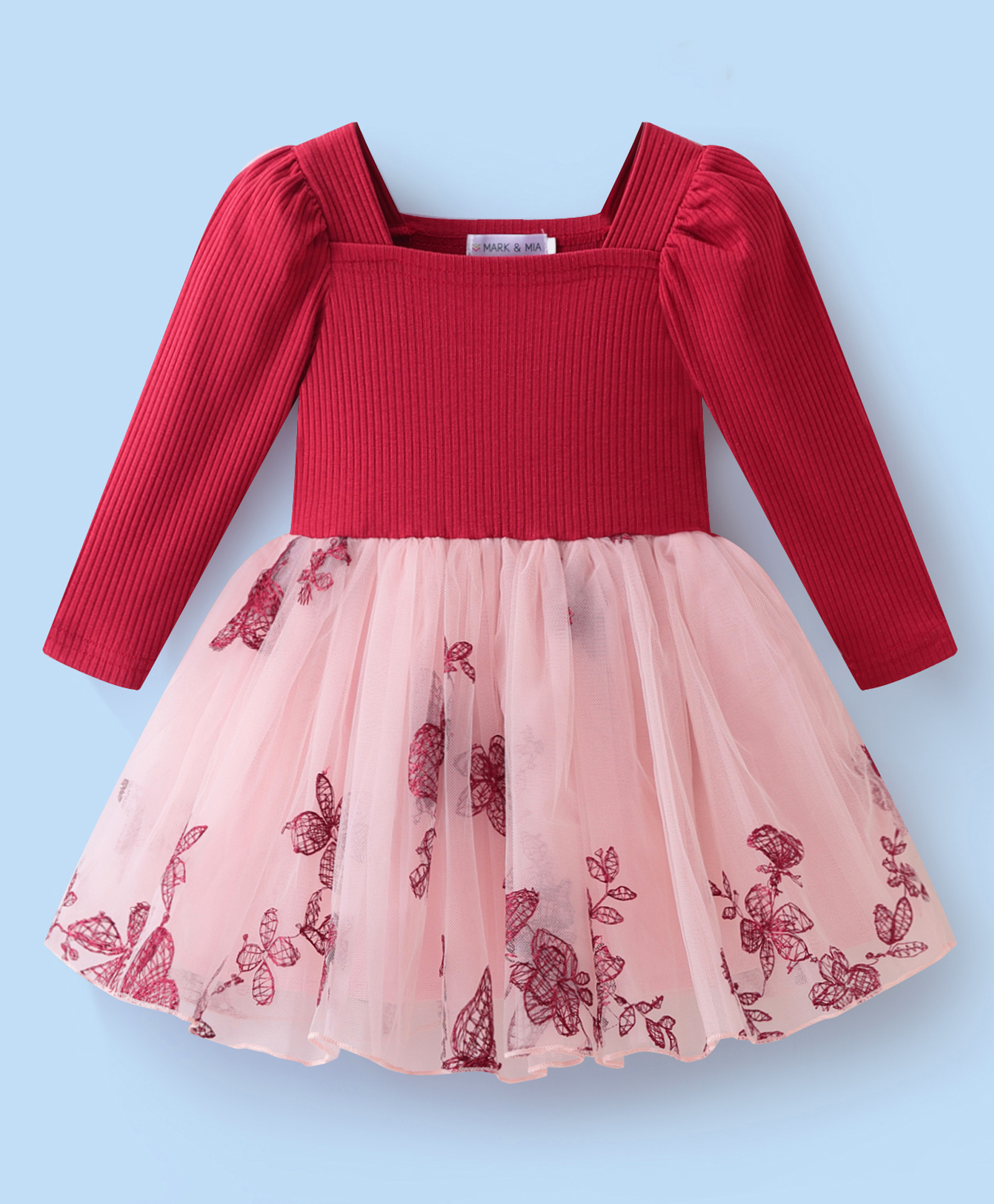 Mark & Mia Full Sleeves Party Dress With Floral Embroidery - Red-image-49