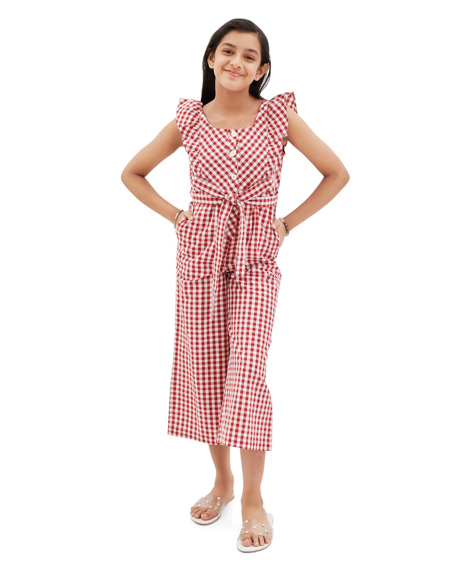 Olele Cotton Woven Frill Sleeves Checked Jumpsuit - Red-picture-14