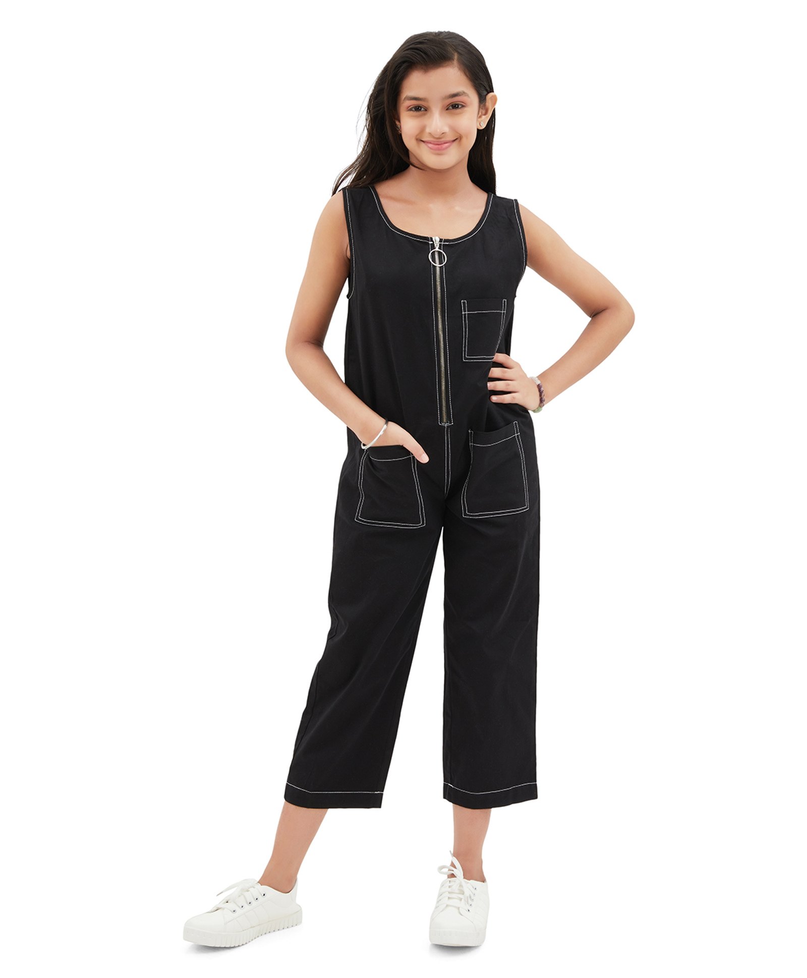 Olele Twill Woven Sleeveless Pockets Detailed Zipper Jumpsuit - Black-picture-35