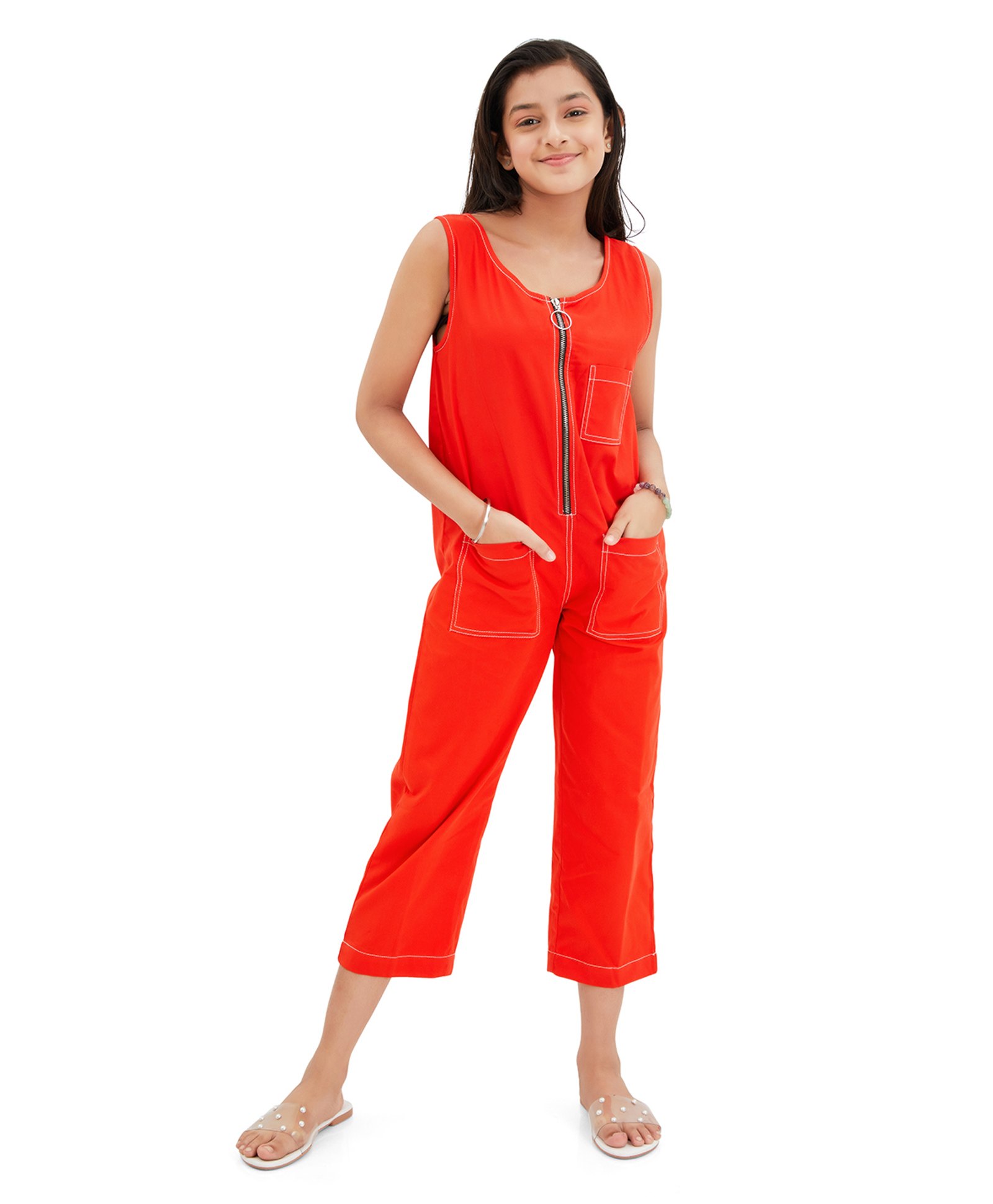 Olele Twill Woven Sleeveless Pockets Detailed Zipper Jumpsuit - Red-picture-18