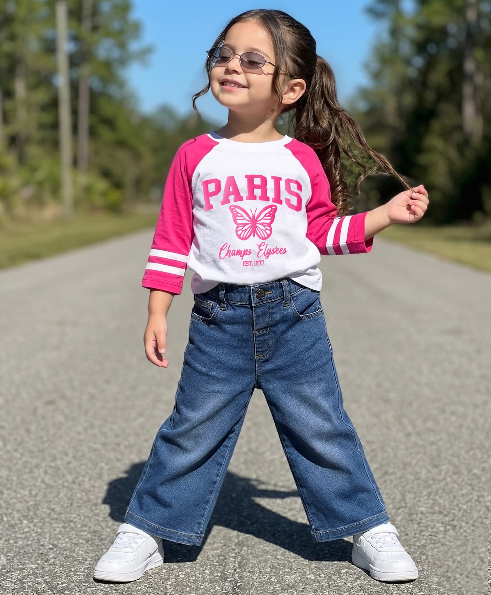 Babyhug Looper Knit Full Sleeves Top and Denim Jeans Set with Paris Text Print - Pink White & Blue-picture-13