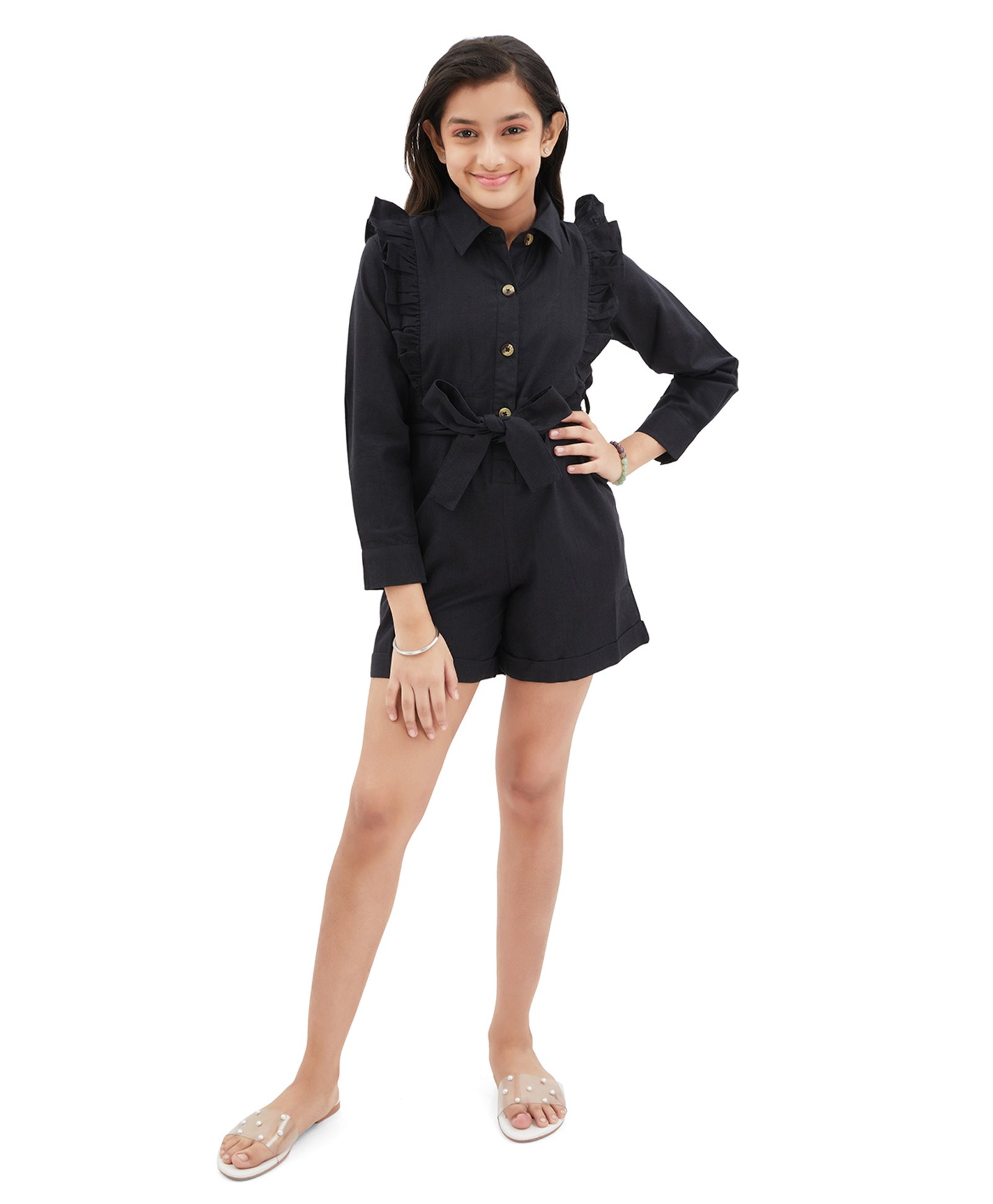 Olele Cotton Flax Knit Three Fourth Sleeves Frill Detailed Solid Jumpsuit - Black-picture-37