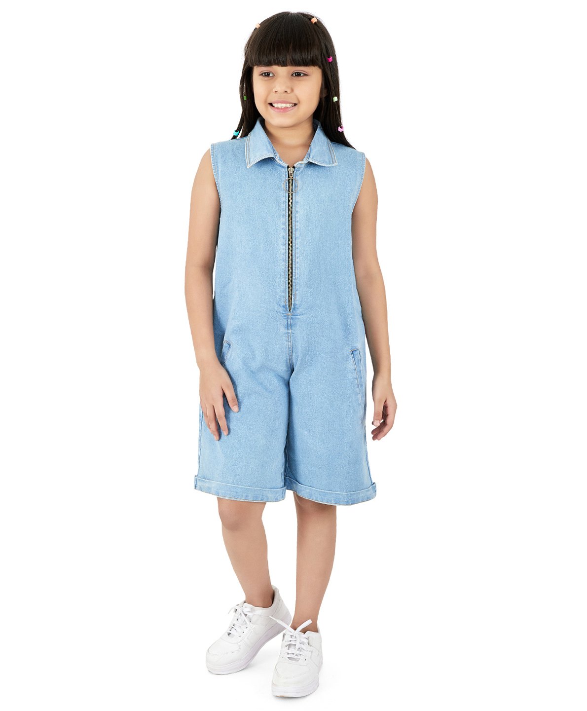 Olele Denim Knit Sleeveless Mild Washed Jumpsuit - Blue-image-48