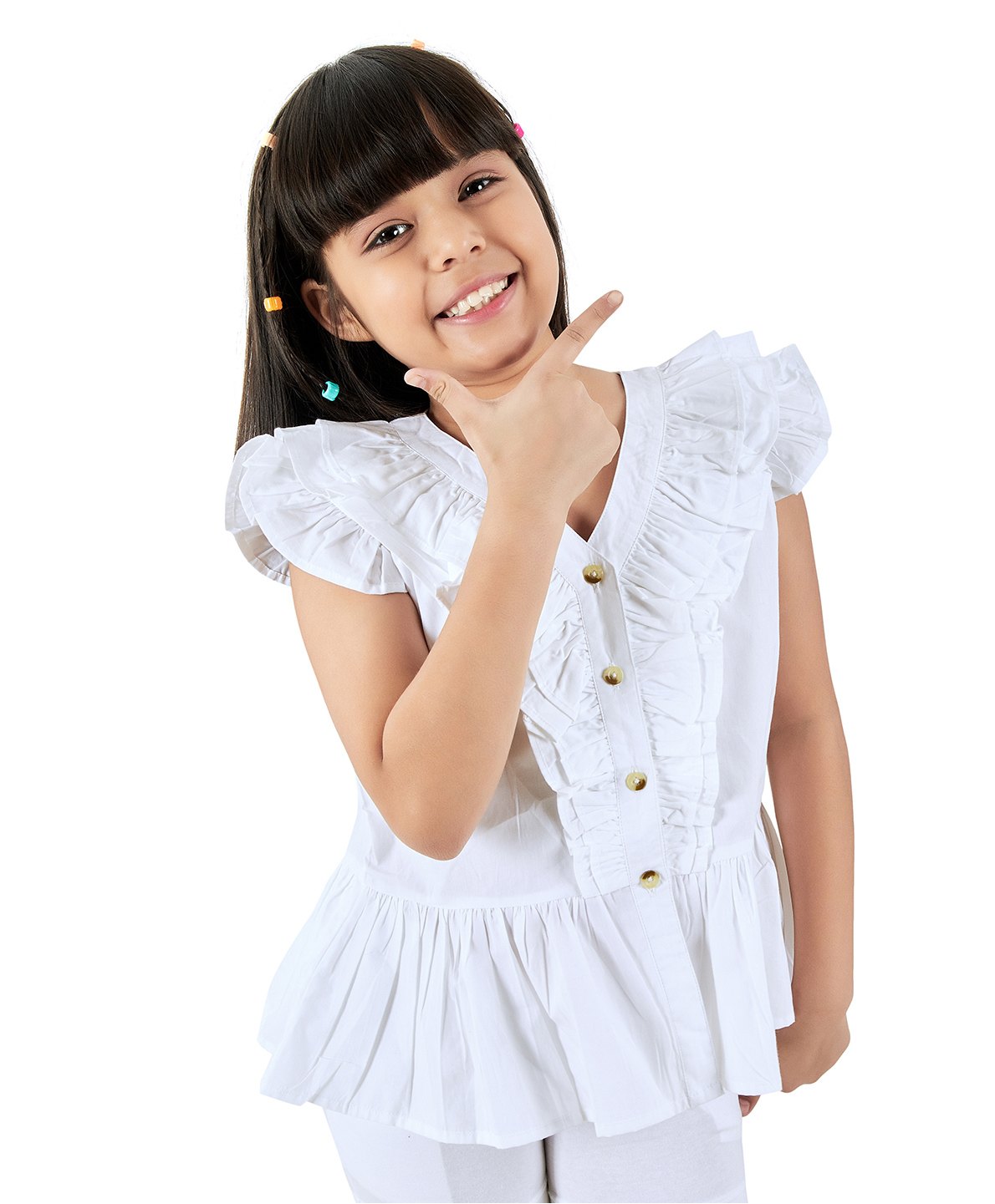 Olele Cotton Woven Frill Sleeves Solid Top - White-picture-46