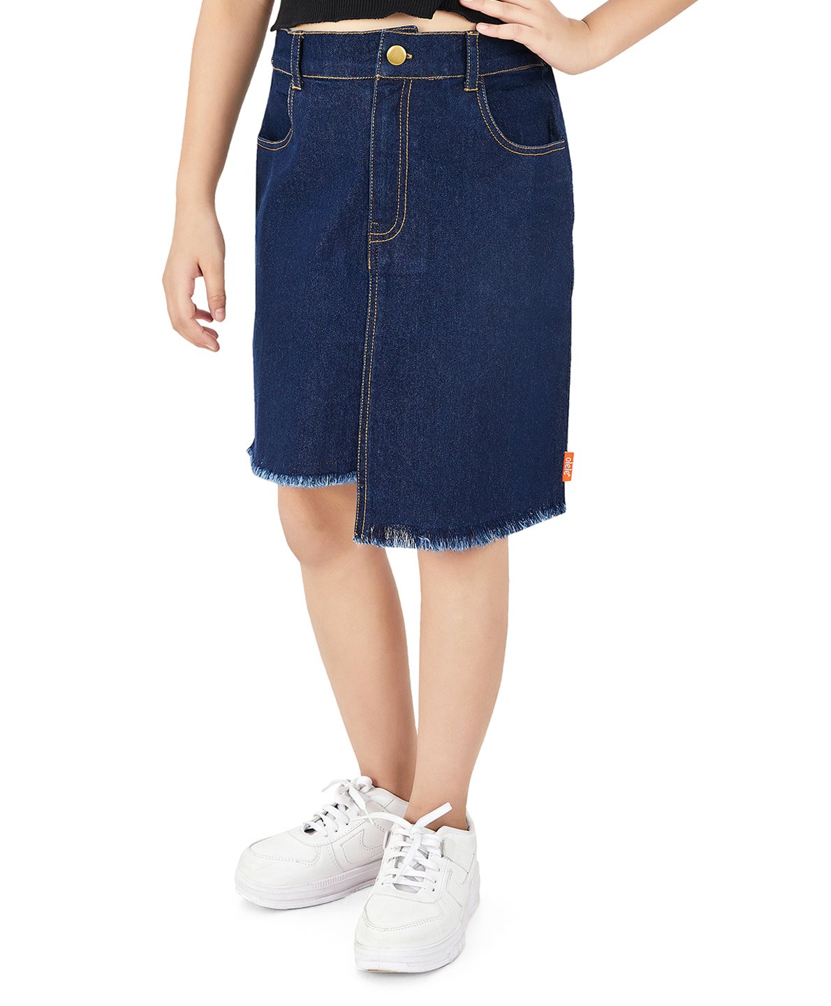 Olele Denim Woven Solid Frayed Skirt - Blue-picture-15