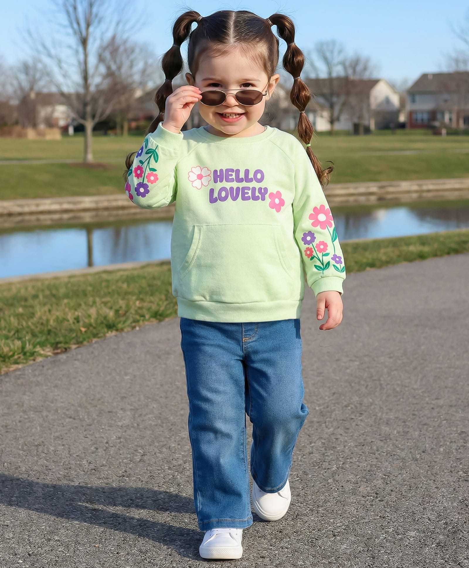 Babyhug Looper Knit Full Sleeves Rib at Neck Top & Jeans Set with Kangaroo Pocket & Floral Print - Light Green & Blue-picture-14
