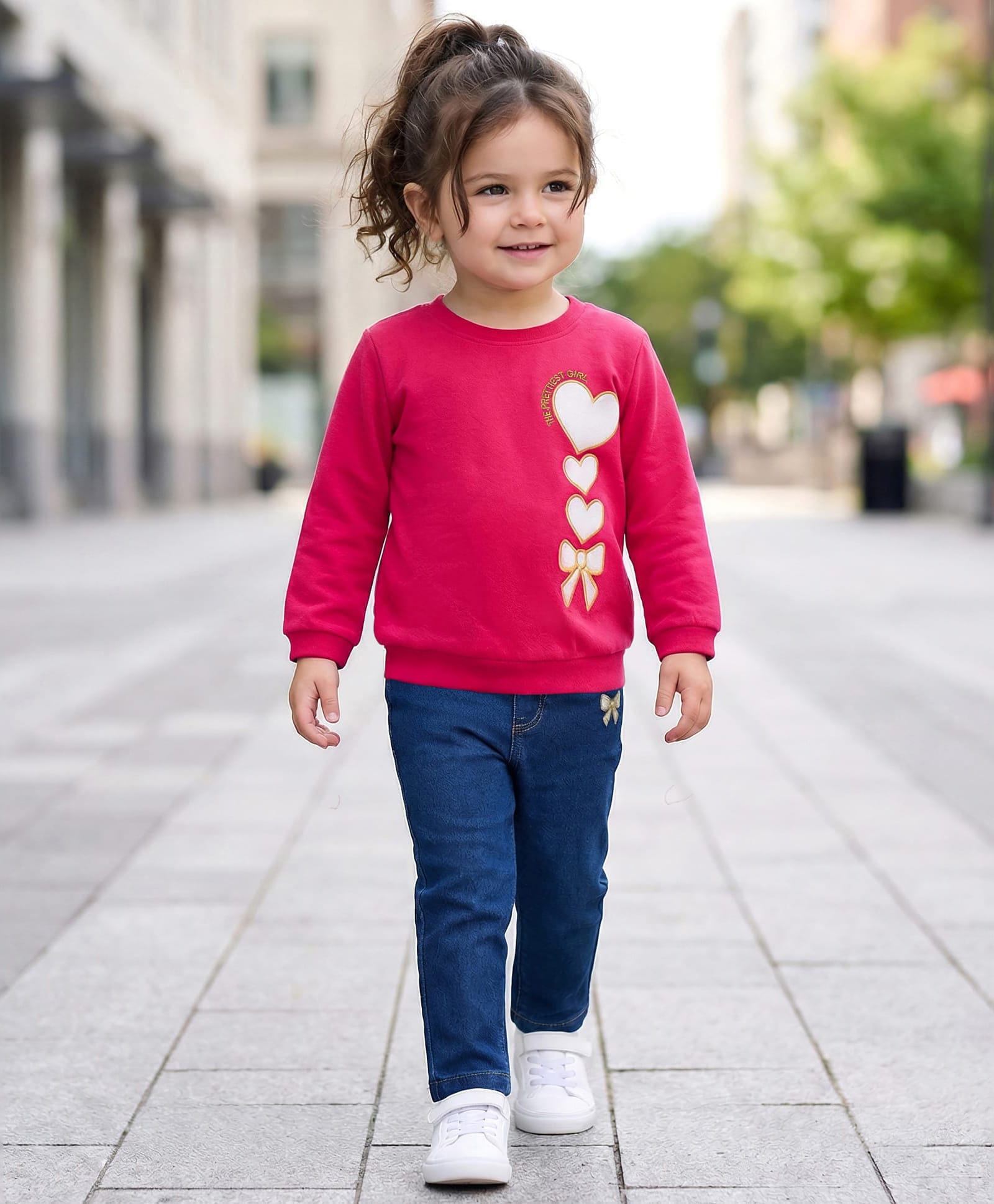 Babyhug Looper Knit Full Sleeves Rib at Neck Top & Jeans Set with Heart Print - Red & Blue-picture-16