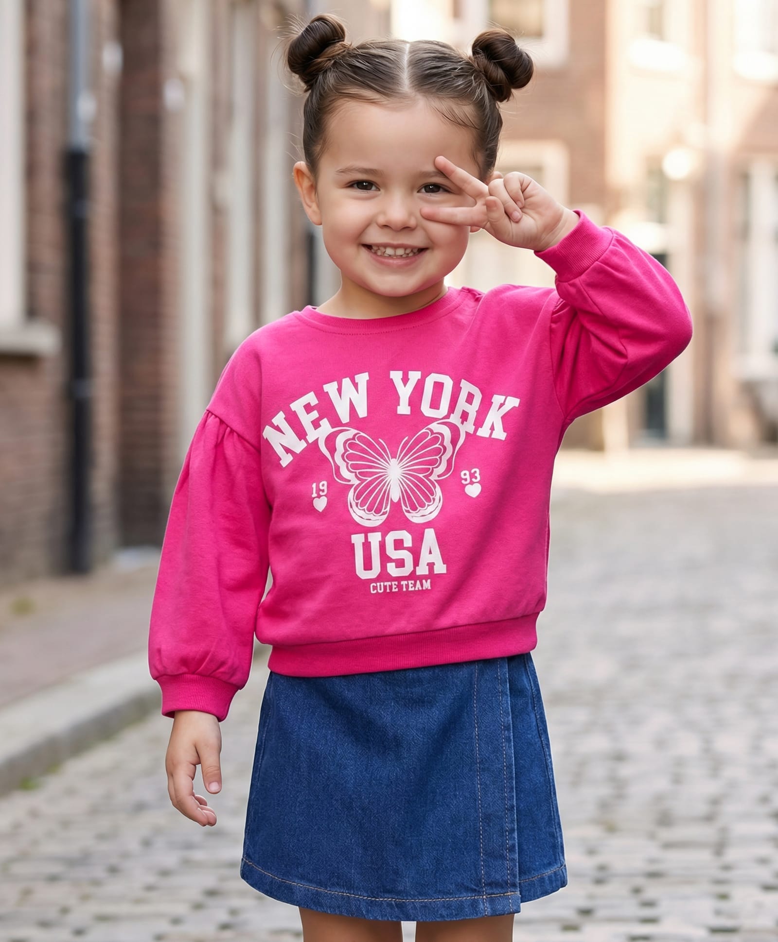 Babyhug Looper Knit Full Sleeves Knit Top and Skort Set With New York Text Print - Pink-picture-23