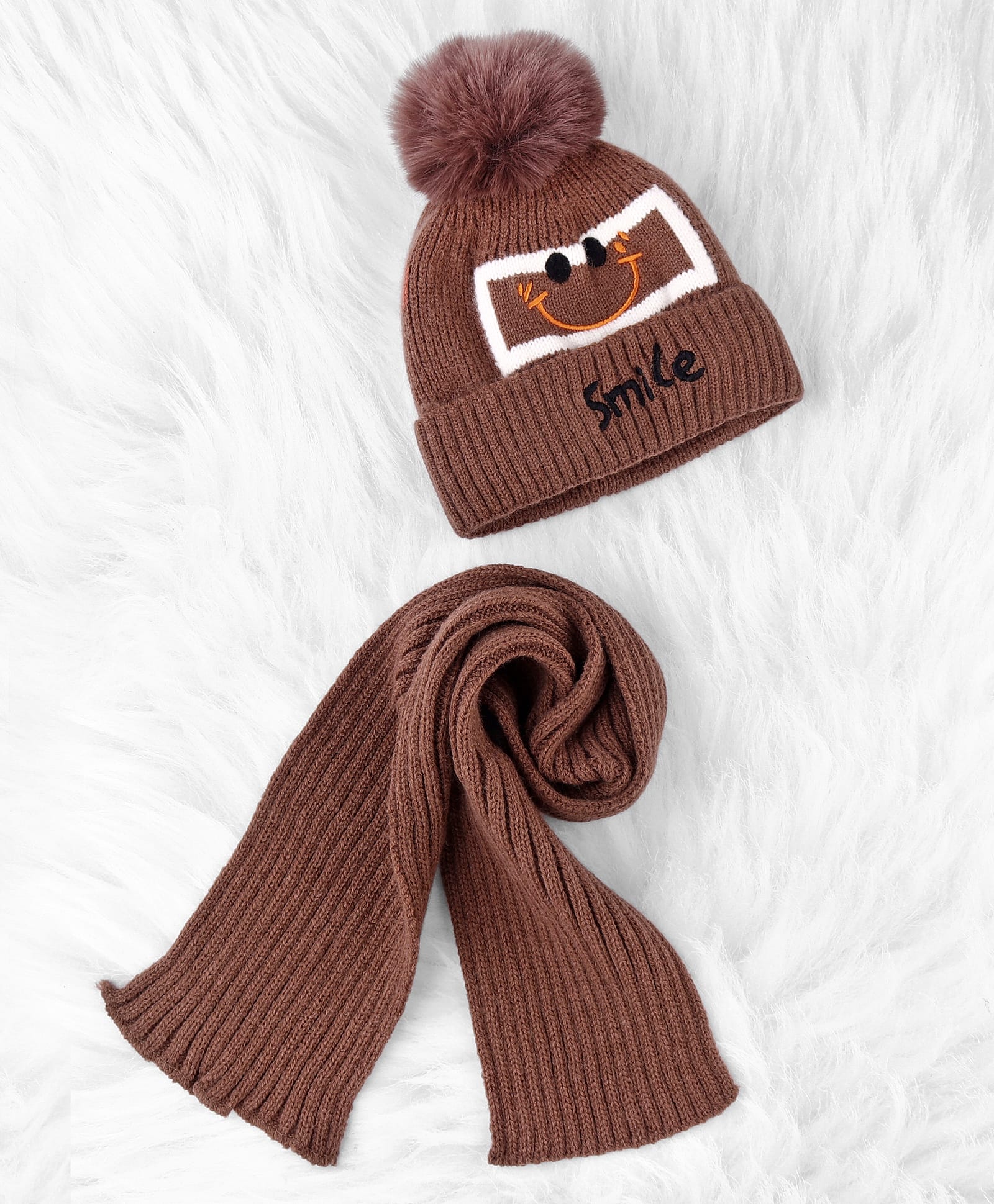 Babyhug Woolen Cap & Muffler Set With Smiley Motif Brown - 12 cm Diameter-image-42