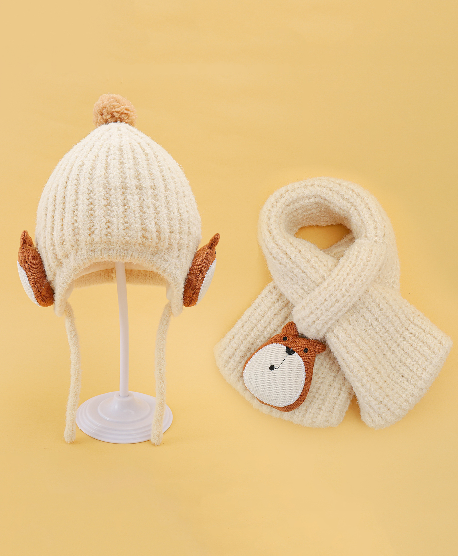 Babyhug Woolen Cap & Muffler Set With Animal Applique Beige - 15 cm Diameter-image-41