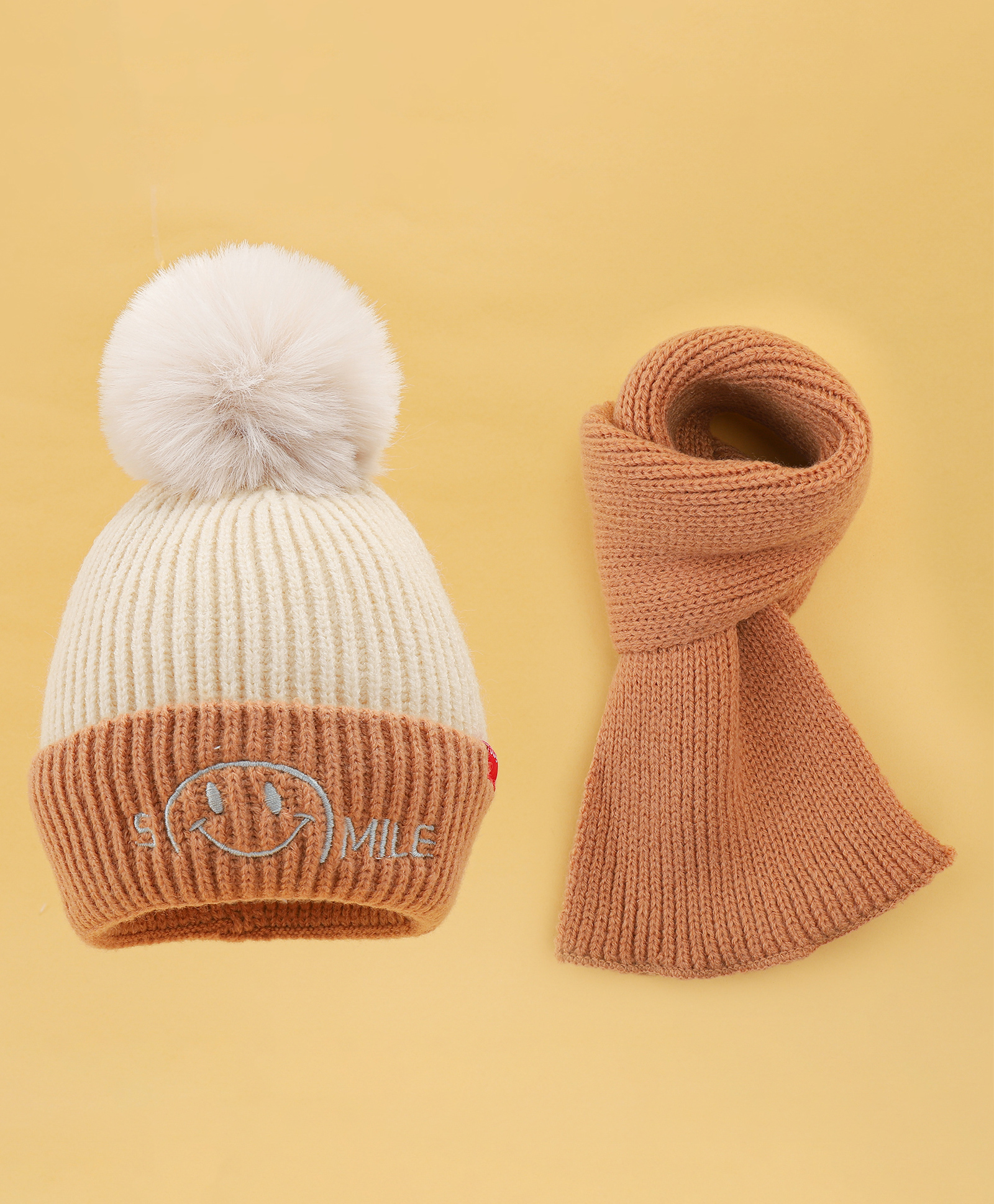 Babyhug Woolen Cap & Muffler Set With Smile Embroidery Beige - 11 cm Diameter-image-33