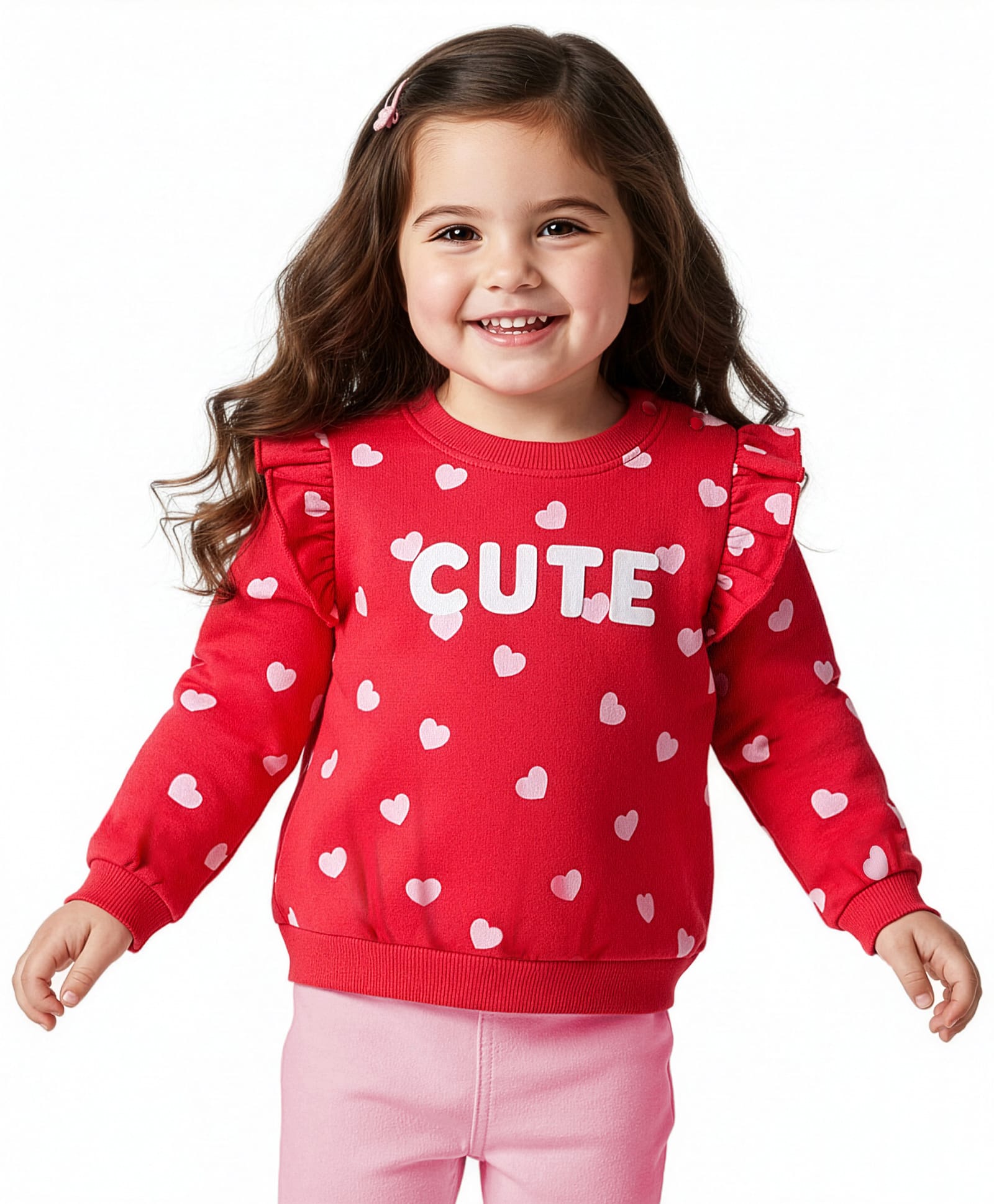 Doodle Poodle 100% Cotton Knit Full Sleeves Light Weight Pullover Sweatshirt with Heart Print & Frill Detailing - Red-image-23