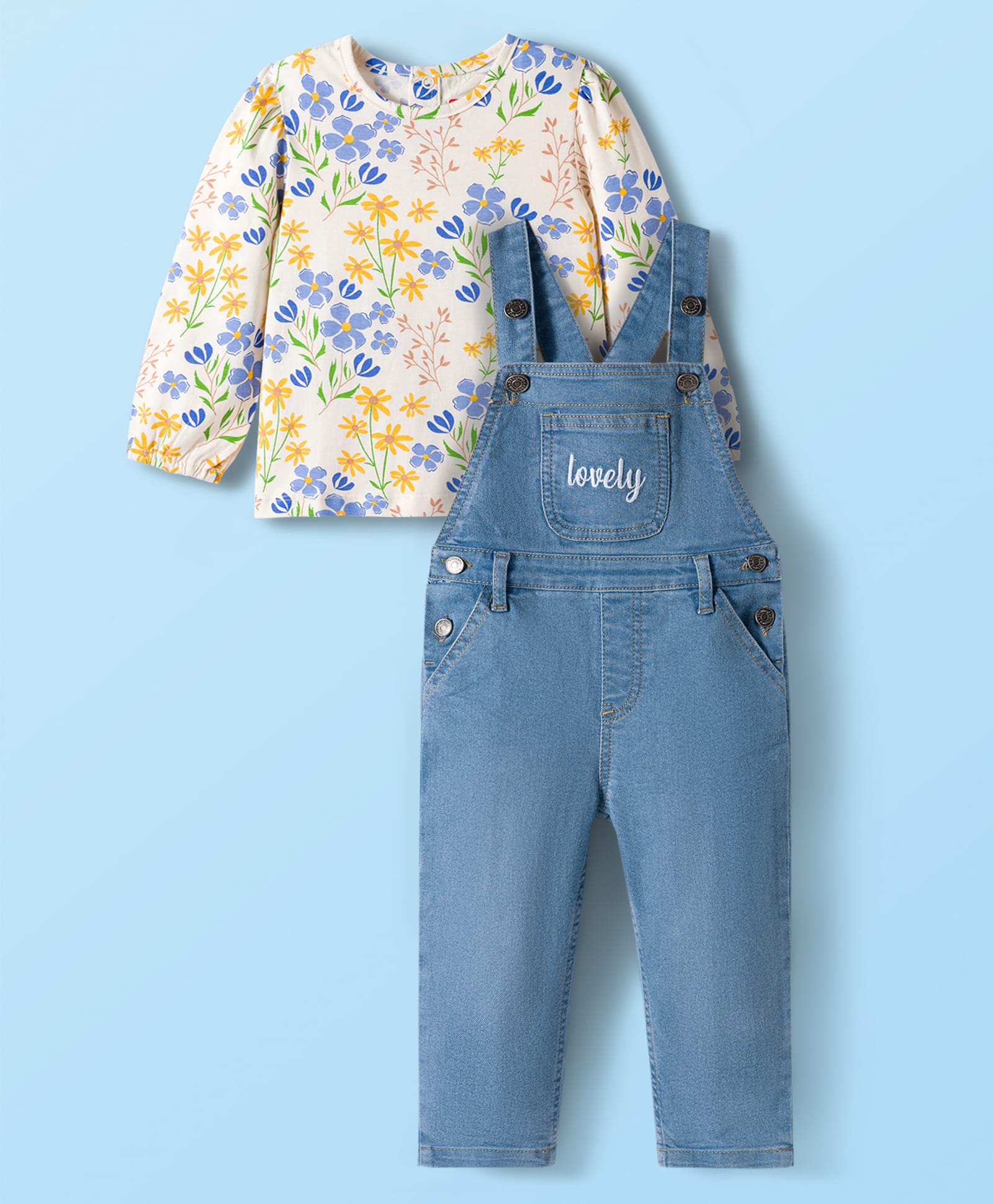 Babyhug Single Jersey Full Sleeves Top & Dungaree Set with Floral Print - White & Blue-image-48