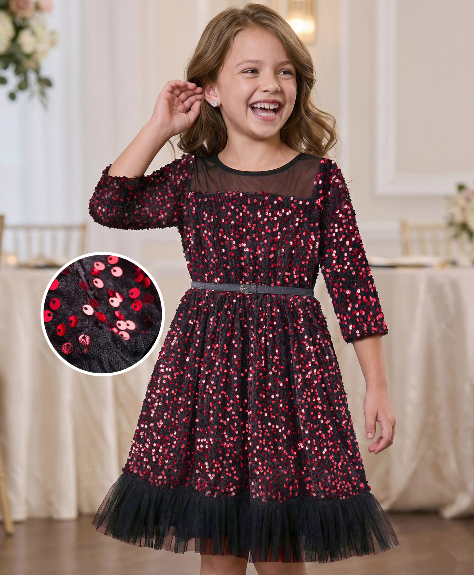 Hola Bonita Knit Half Sleeves Velvet Party Dress With Sequin Detailing & Belt - Red-image-38