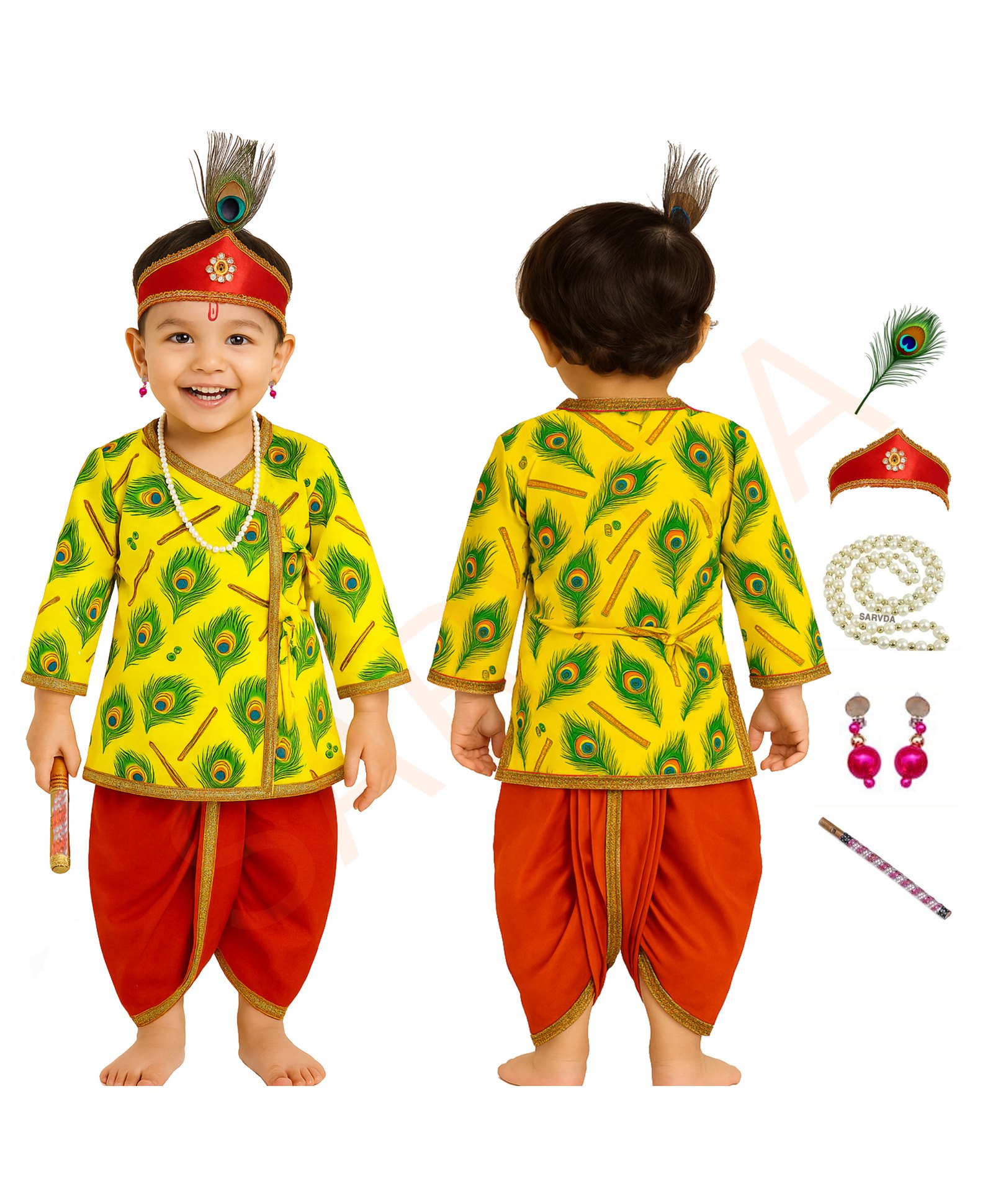 Sarvda Satin Woven Janmashtami Theme Full Sleeves Krishna Costume Set With Morpankh Mala Kundal & Flute Set - Red & Yellow-picture-23