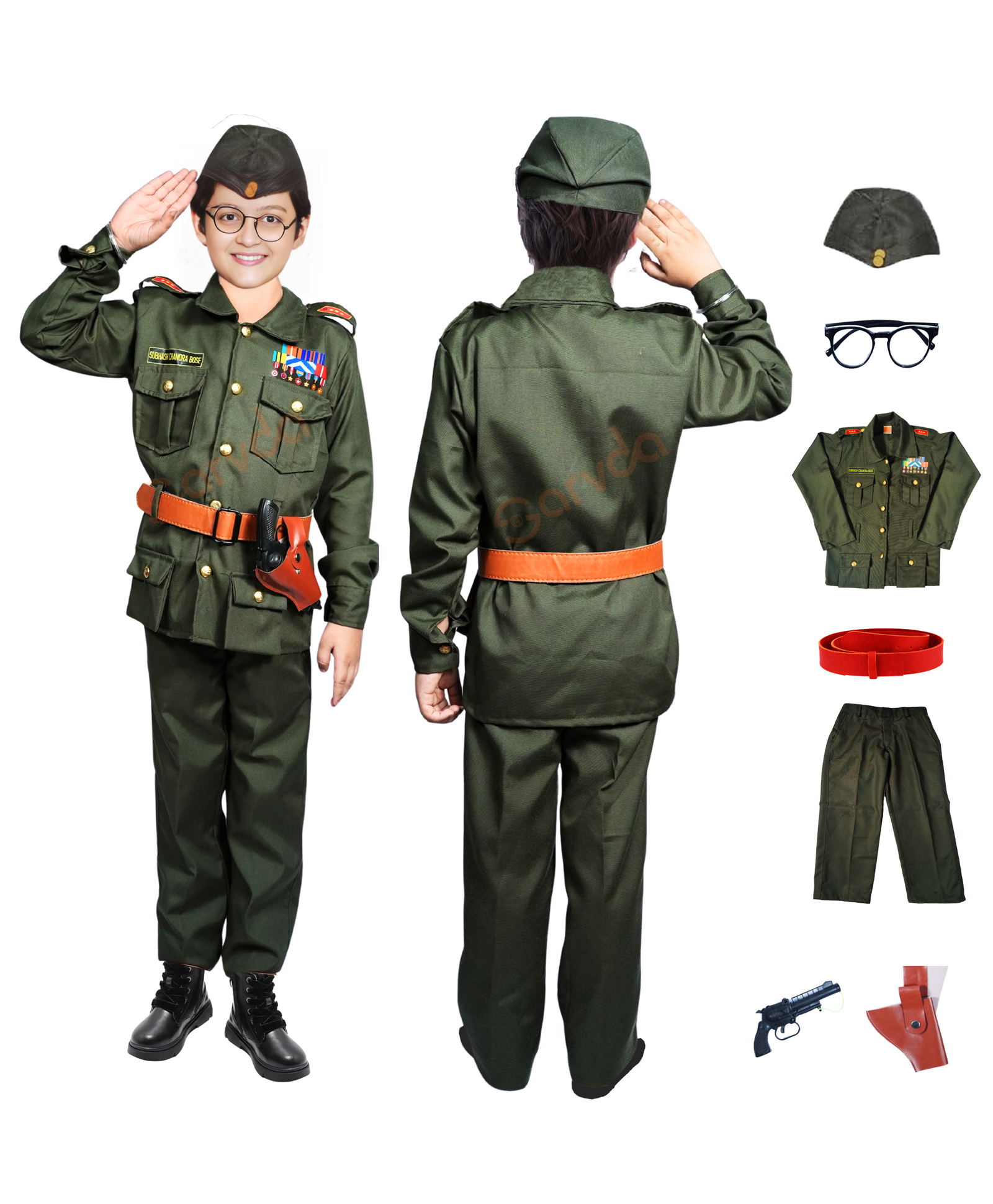 Sarvda Woven Independence Day Theme Full Sleeves Netaji Subhash Chandra Bose Costume Set - Olive Green-picture-21