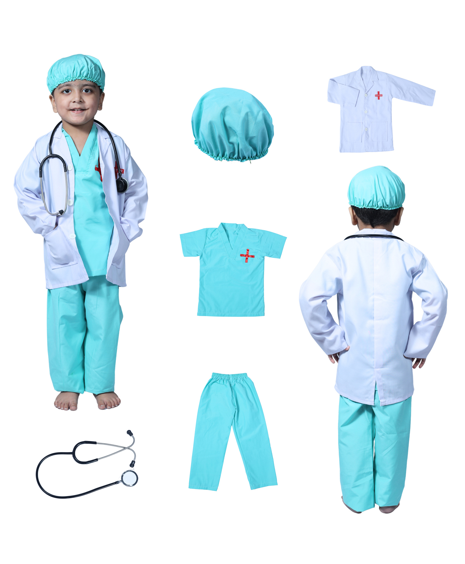 Sarvda Woven Full Sleeves Doctor Costume Set With Cap & Stethoscope - White & Green-picture-14